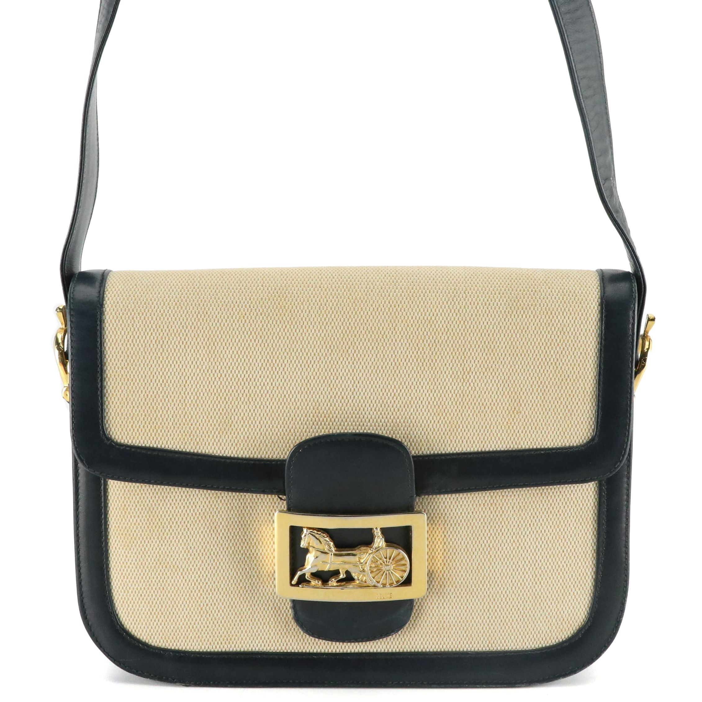 Celine Vintage Canvas Shoulder Bag with Navy Calfskin Trim