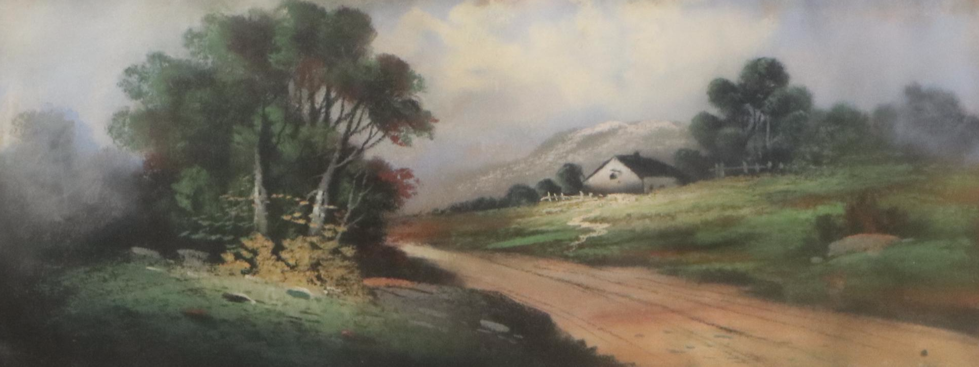 Pastel Landscape Drawing of Rural Road and Copse of Trees