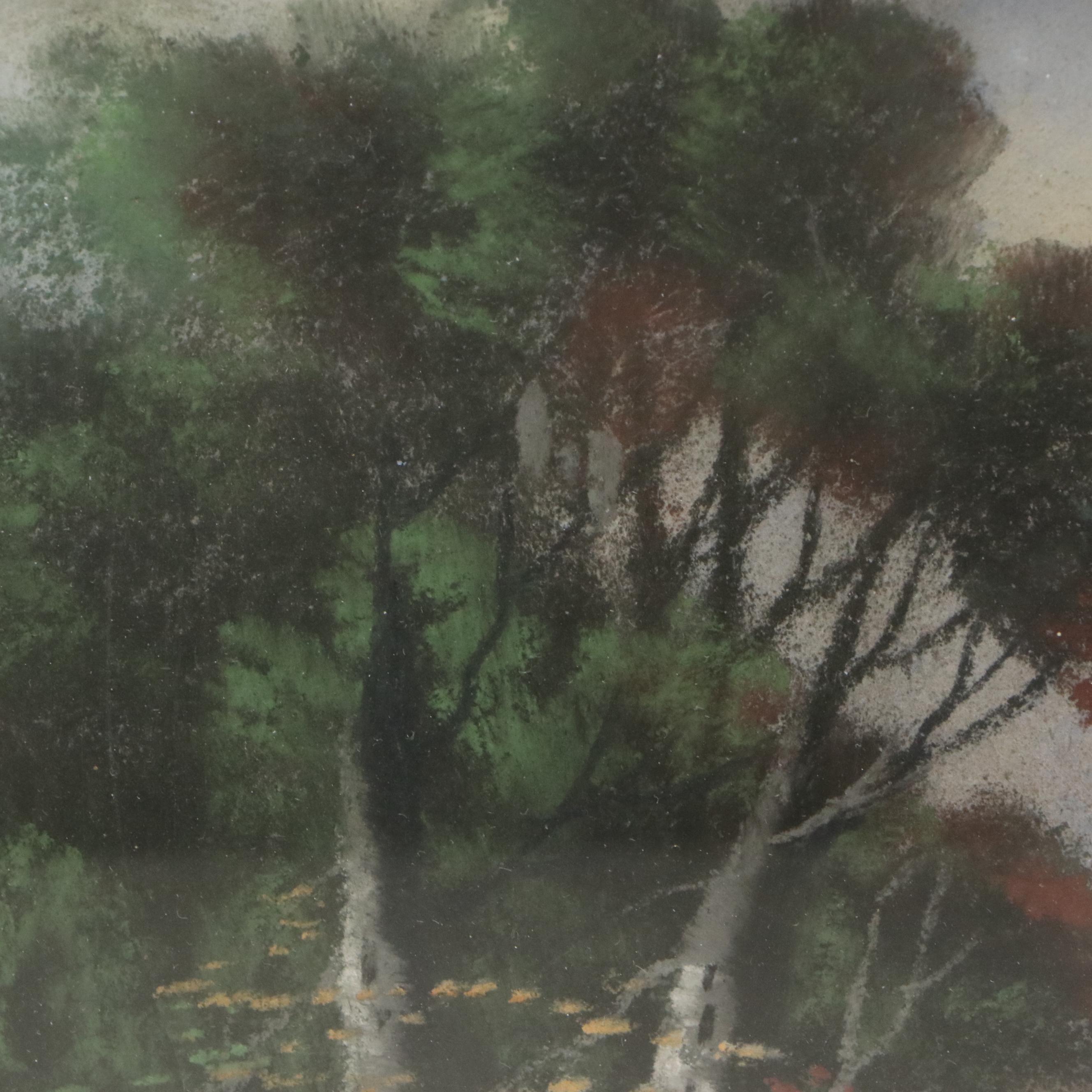 Pastel Landscape Drawing of Rural Road and Copse of Trees