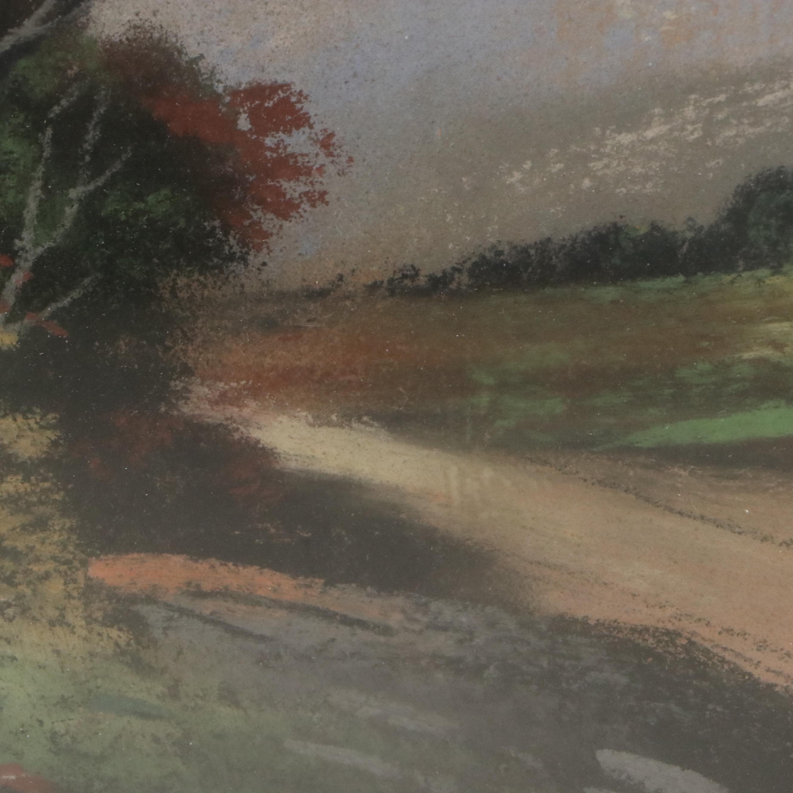 Pastel Landscape Drawing of Rural Road and Copse of Trees
