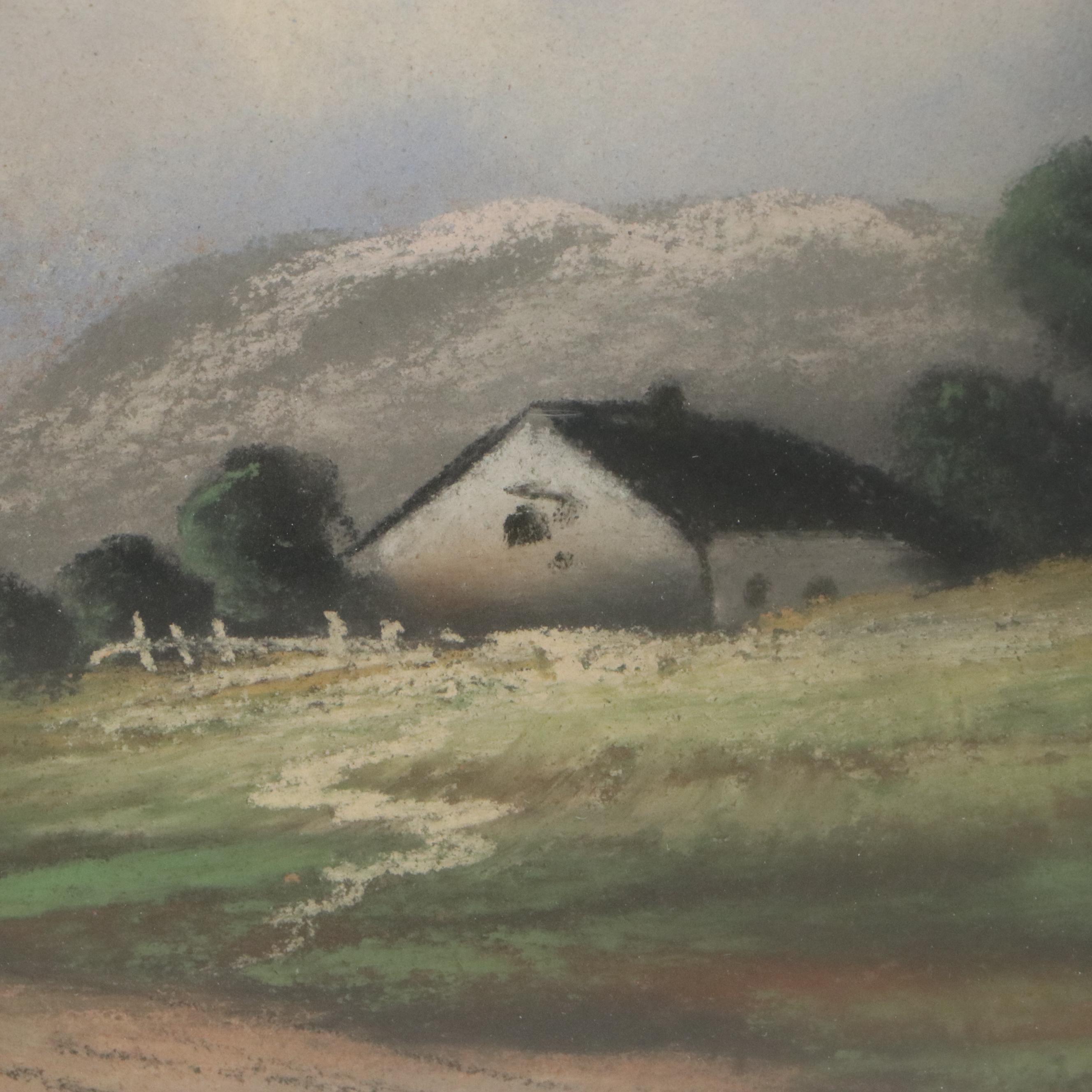 Pastel Landscape Drawing of Rural Road and Copse of Trees