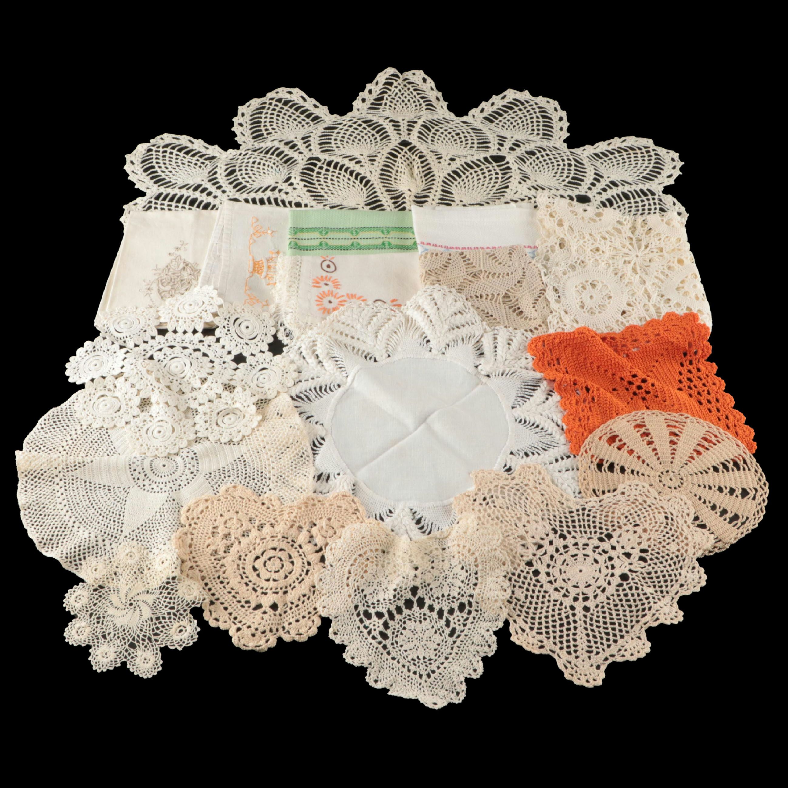 Hand-Embroidered Table Linens with Heart-Shaped Doily and More Vintage Lace