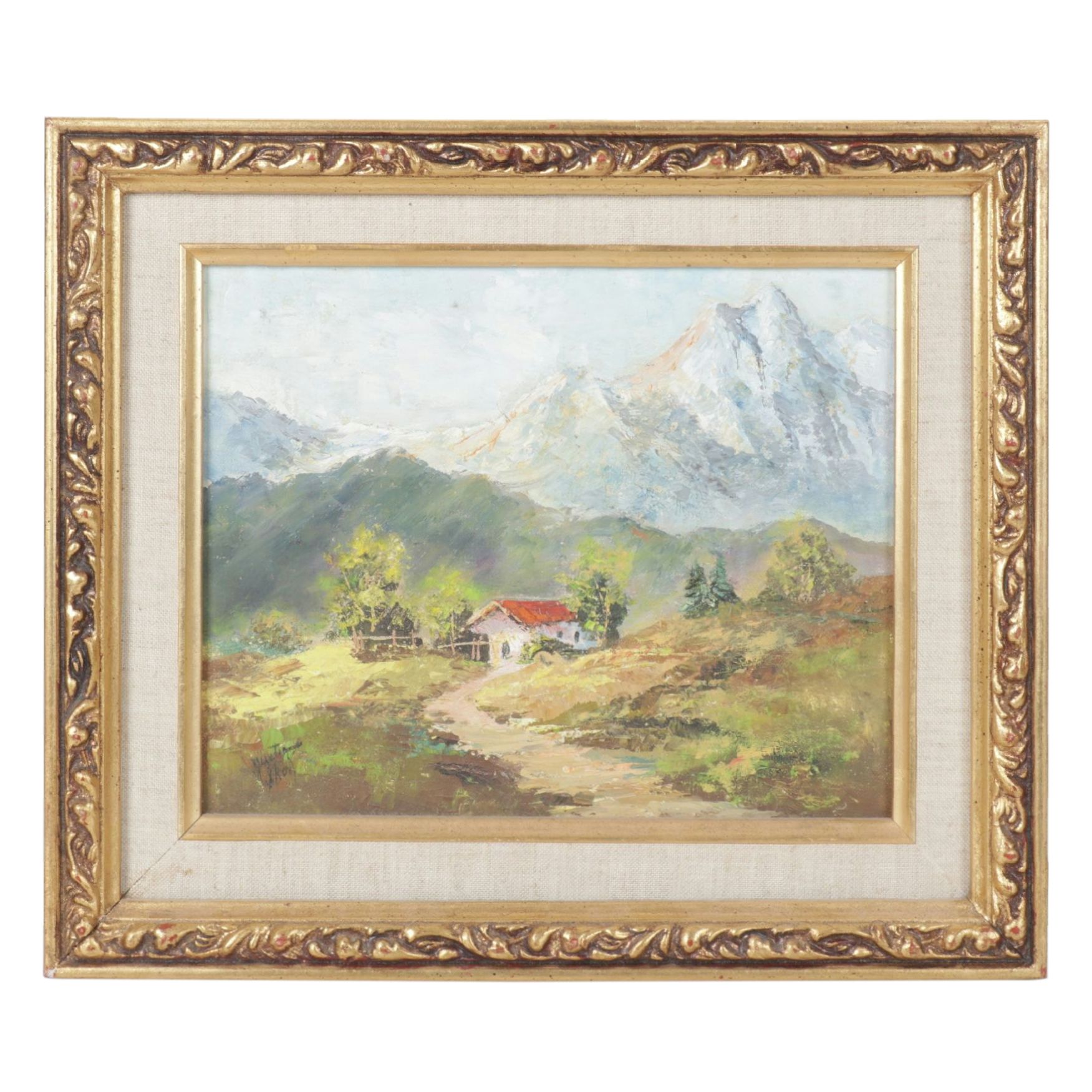 Impressionist Pastoral Landscape Oil Painting of Cottage in Mountain Foothills
