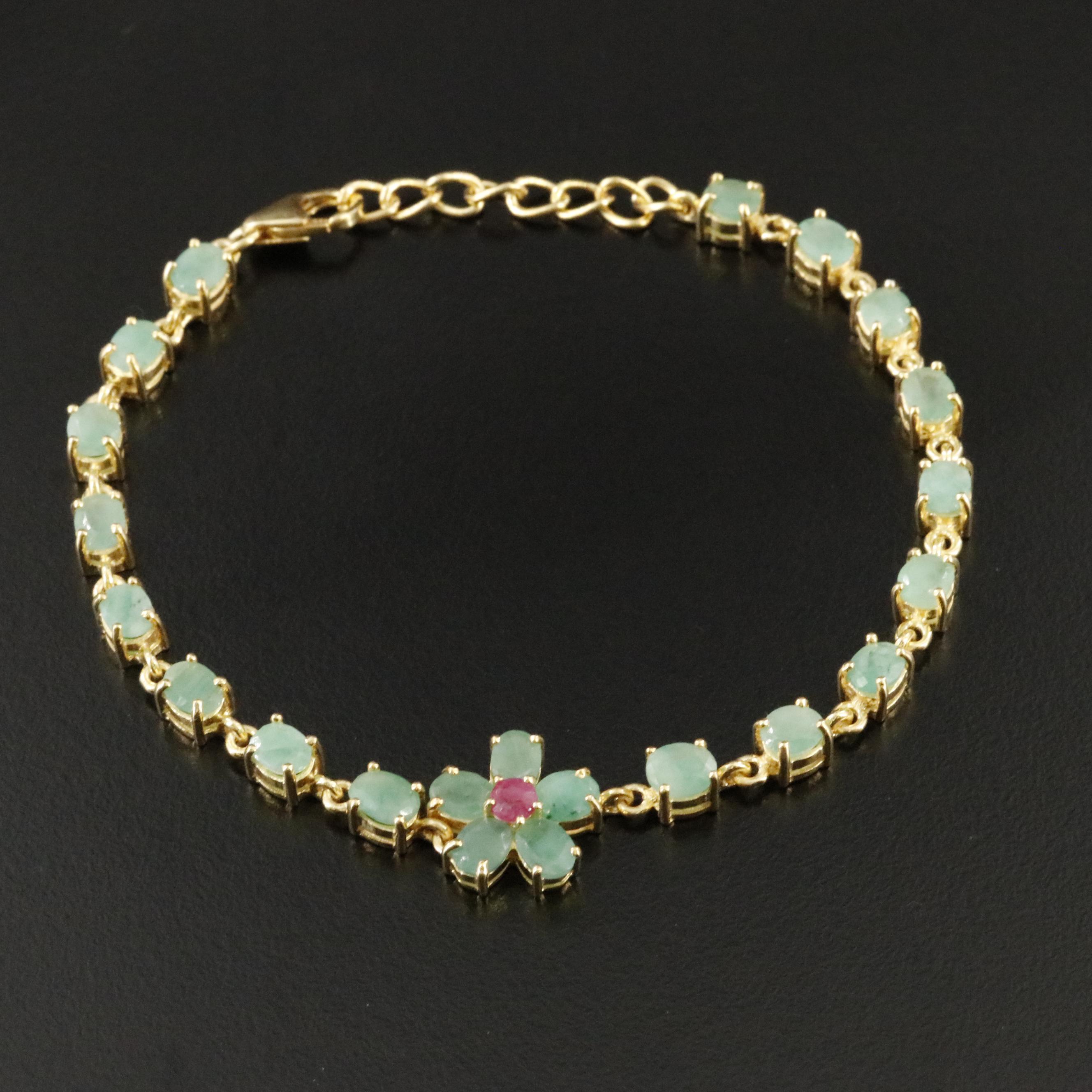 Sterling Emerald and Ruby Floral Bracelet