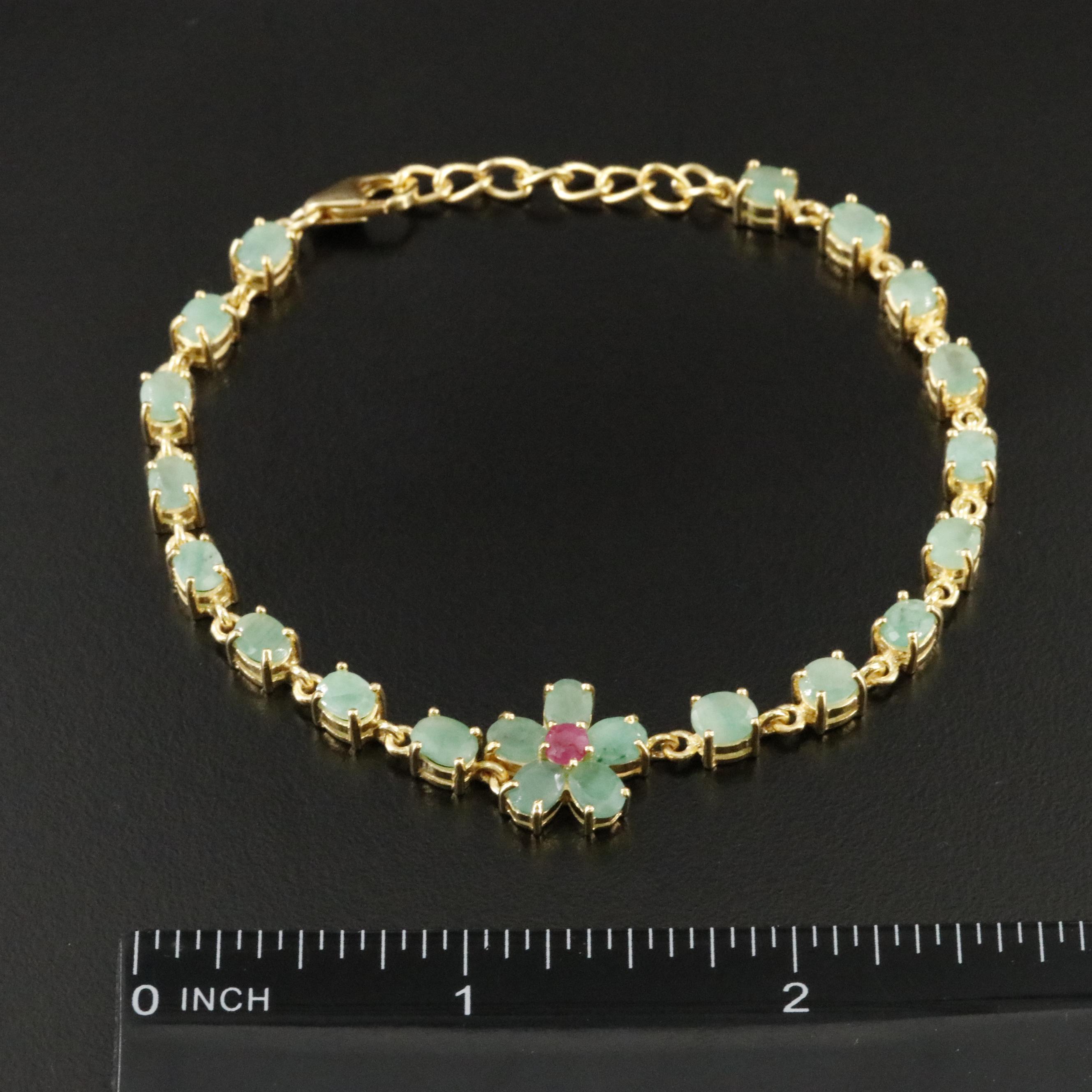 Sterling Emerald and Ruby Floral Bracelet