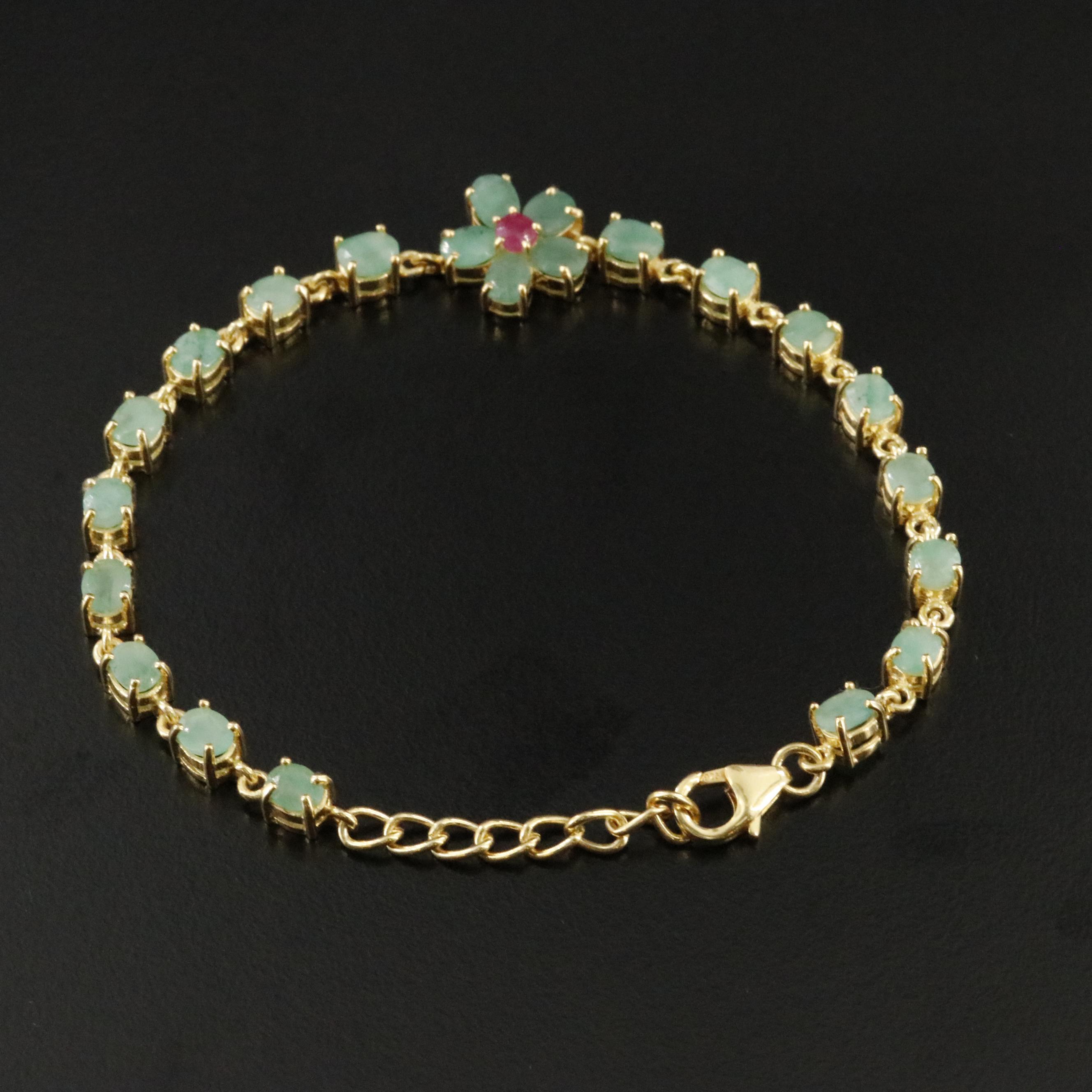 Sterling Emerald and Ruby Floral Bracelet