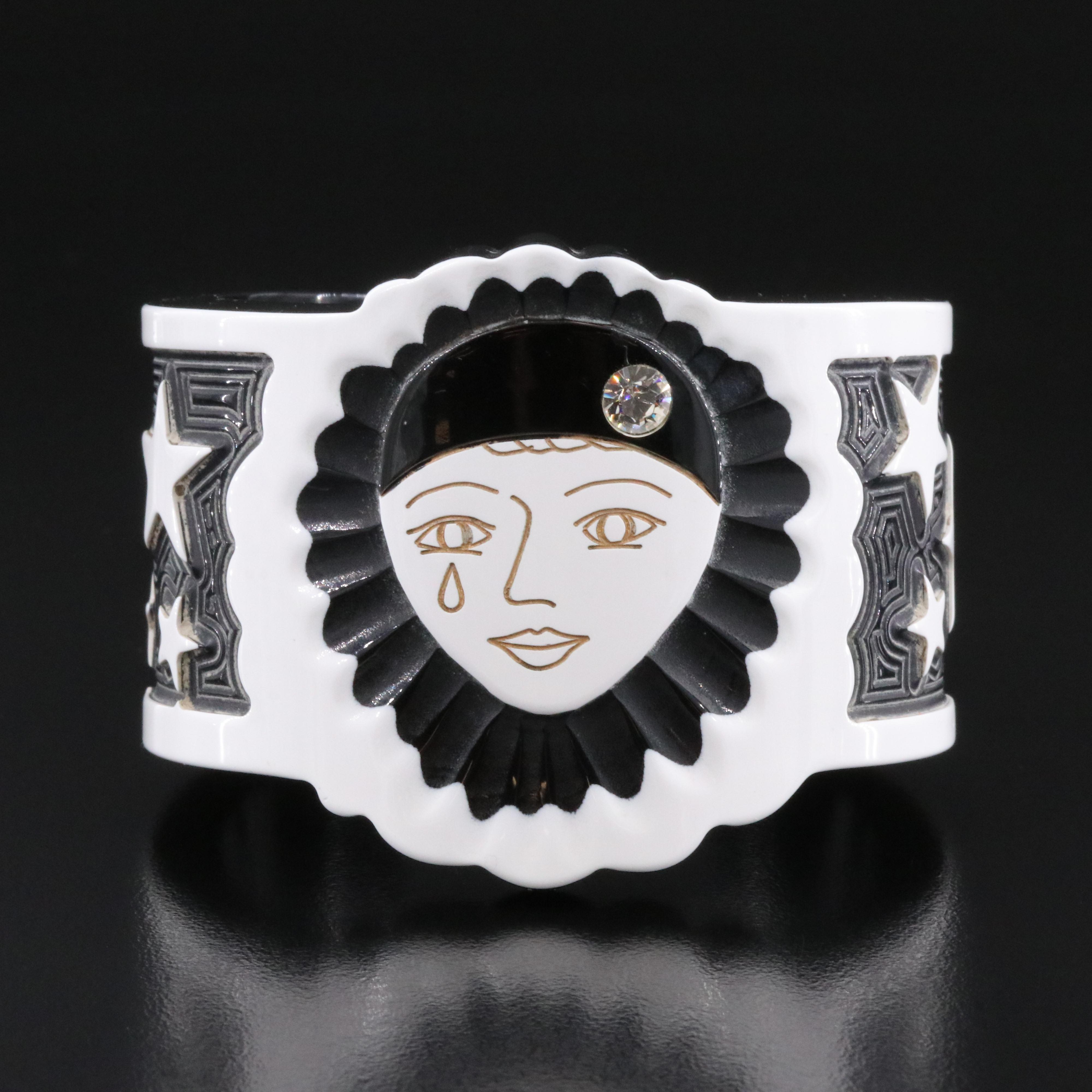 Jean Marie Poinot Carved Pierrot the Clown Cuff Bracelet Including Rhinestone