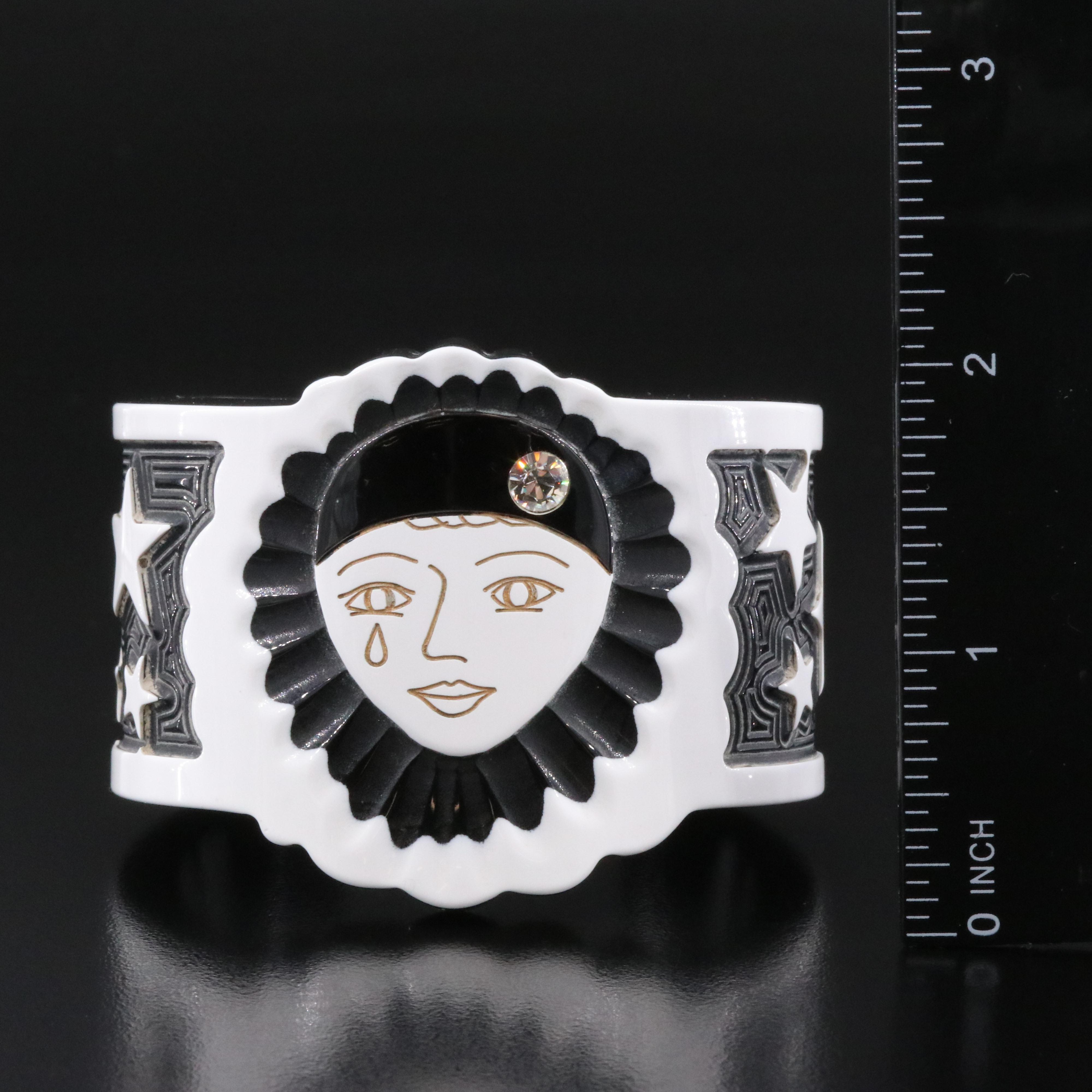Jean Marie Poinot Carved Pierrot the Clown Cuff Bracelet Including Rhinestone
