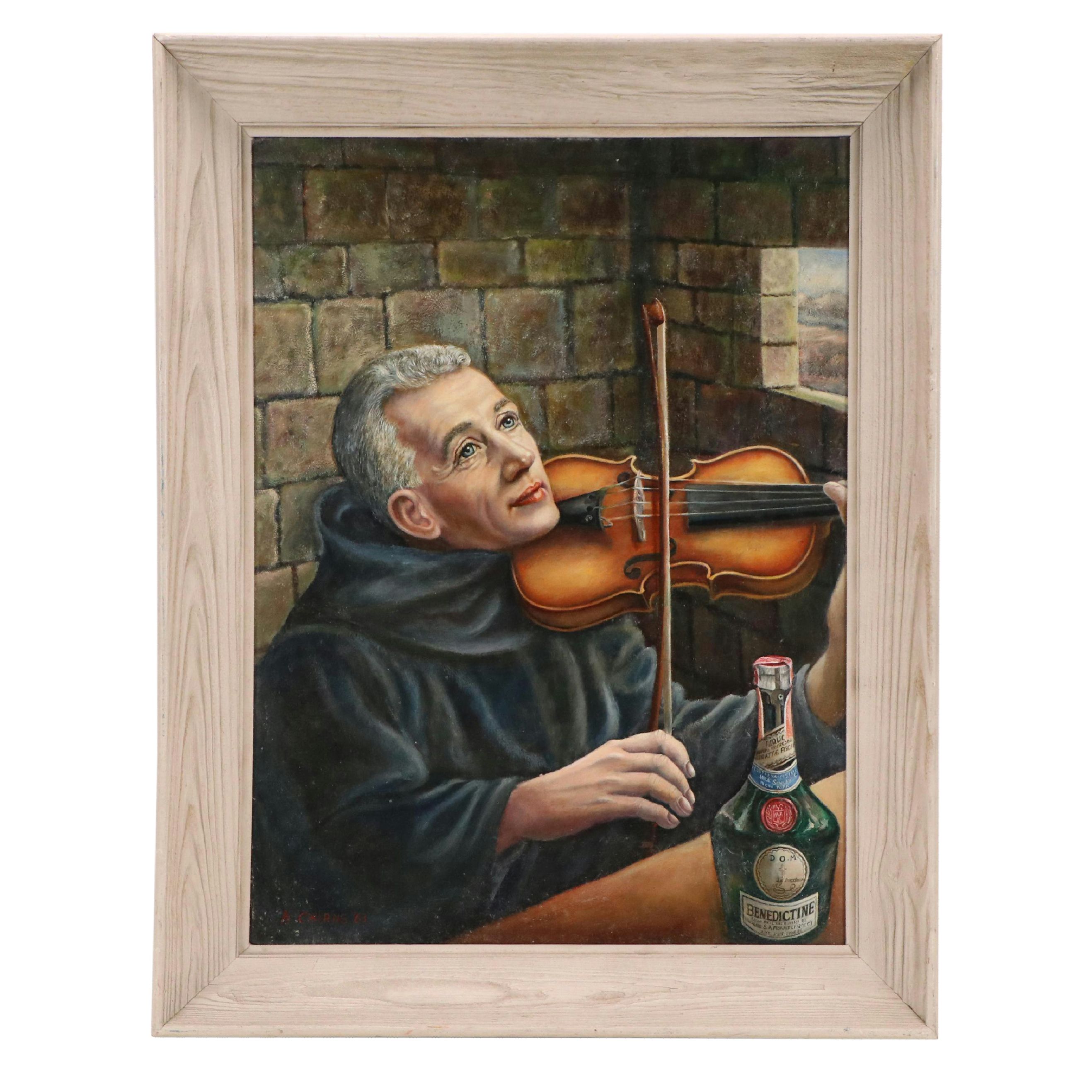 A. Cairns Oil Portrait Painting of Monk Playing Violin, 1963