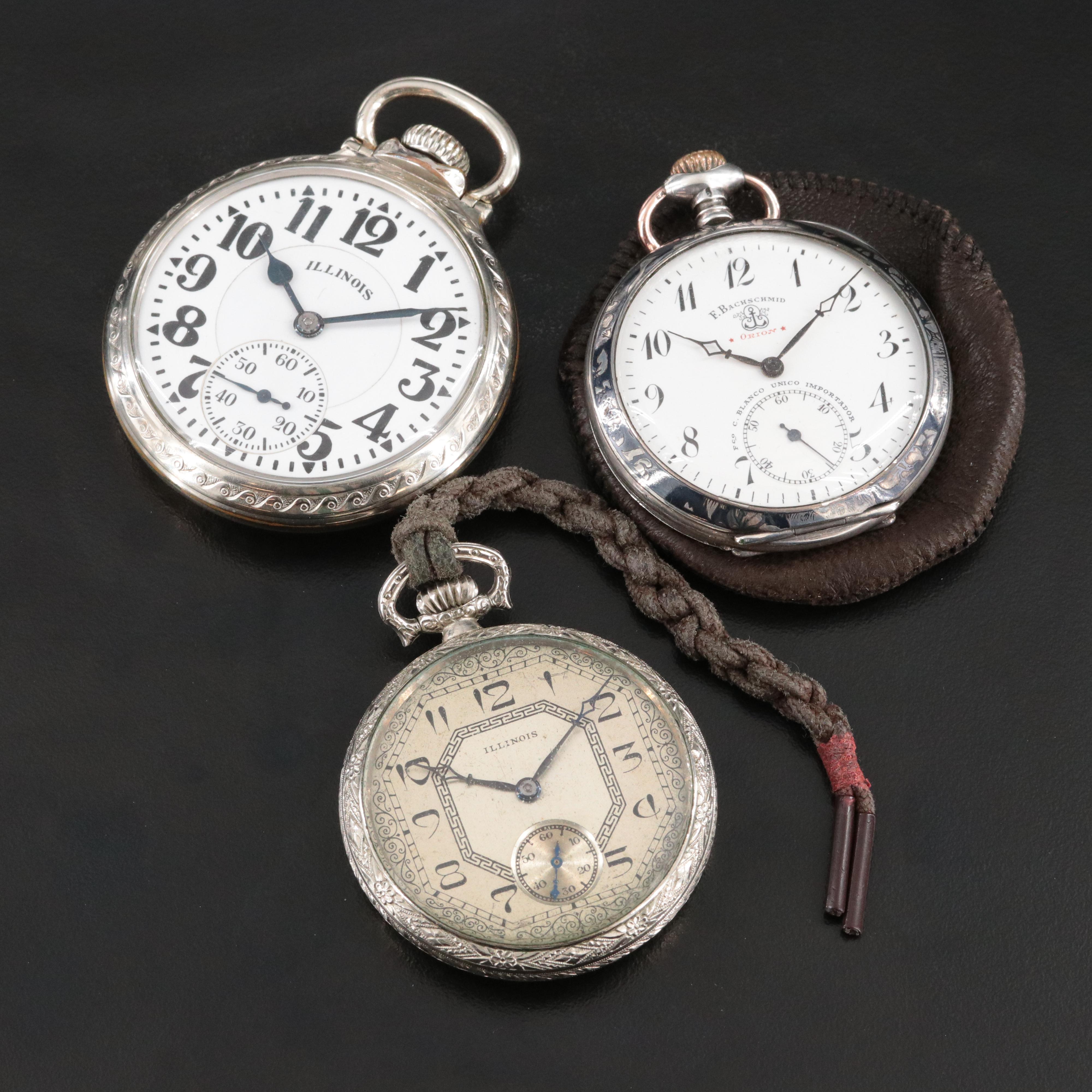 Art Nouveau Pocket Watch Collection Featuring F. Bachschmid  and Illinois