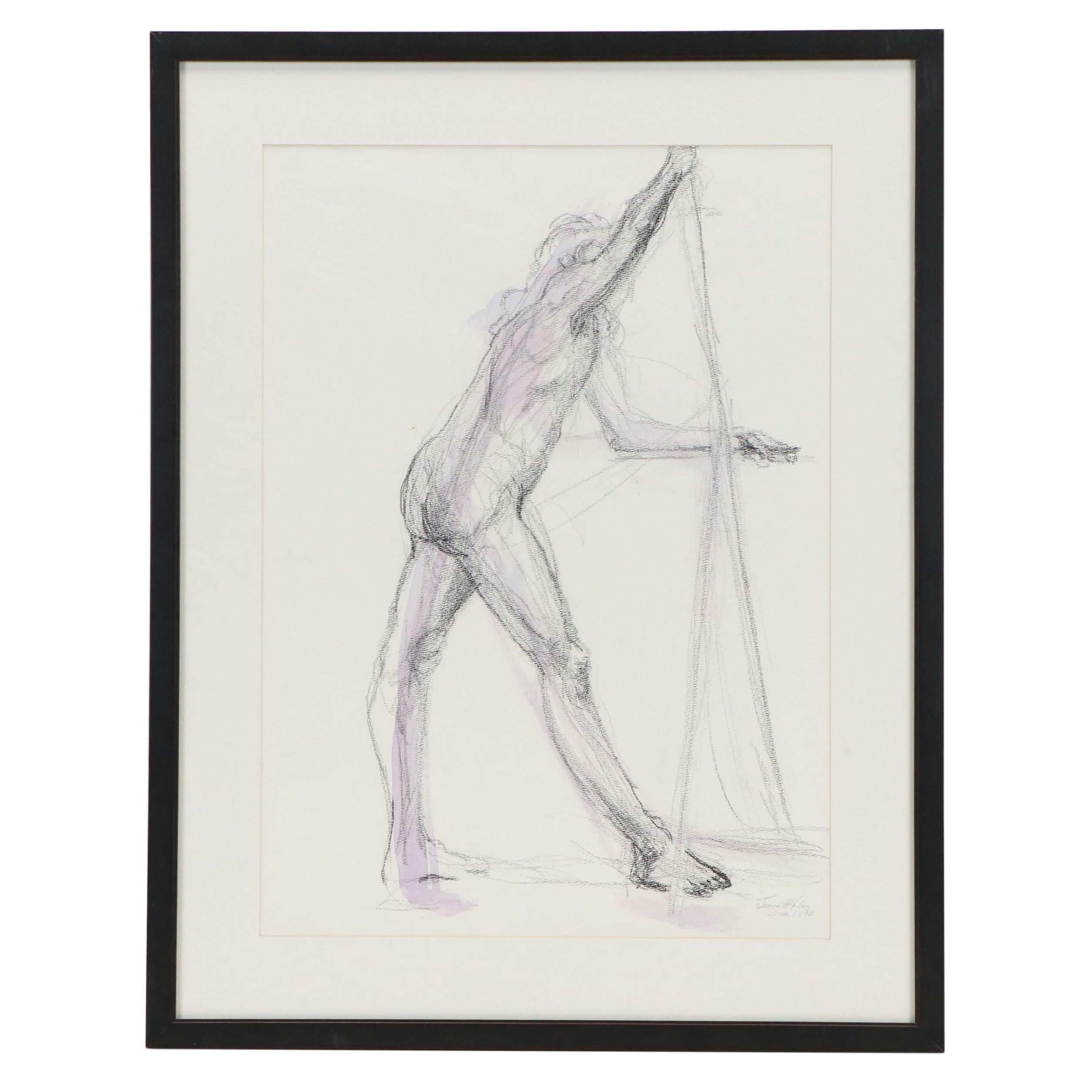 Jewell Haley Charcoal and Watercolor Drawing of Standing Nude, 1990