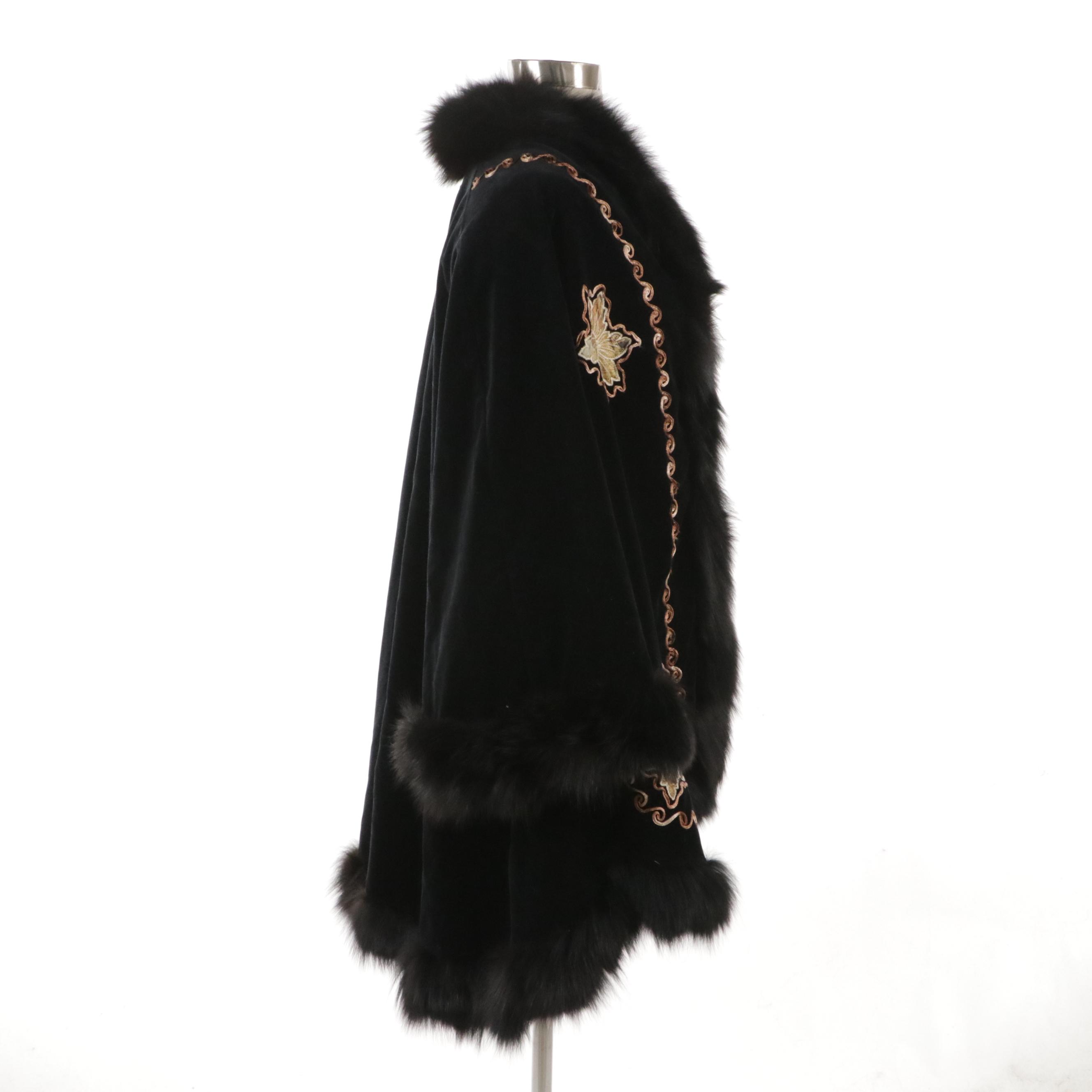 Jauna Pasitea Embroidered Swing Coat with Fox Fur Trim