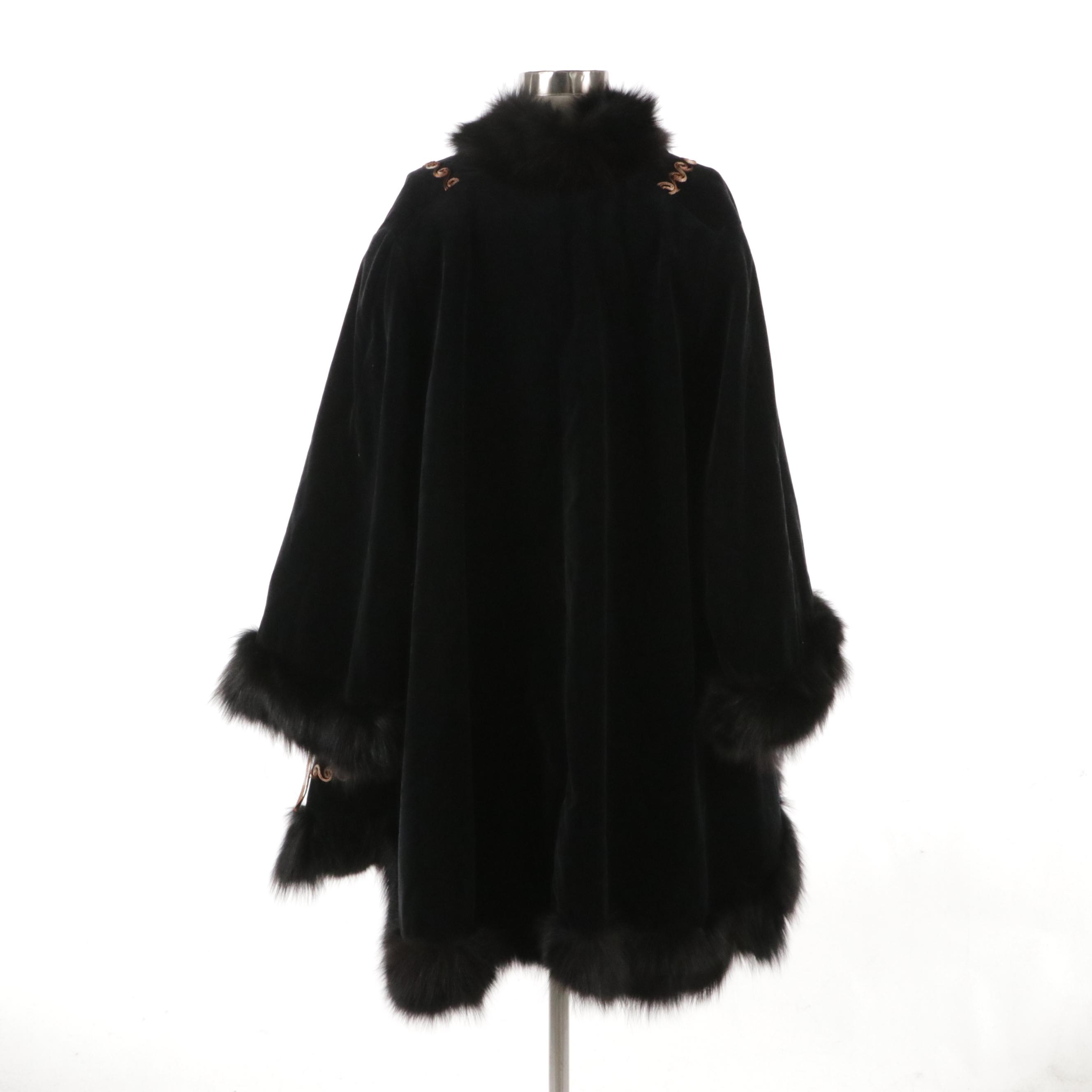Jauna Pasitea Embroidered Swing Coat with Fox Fur Trim