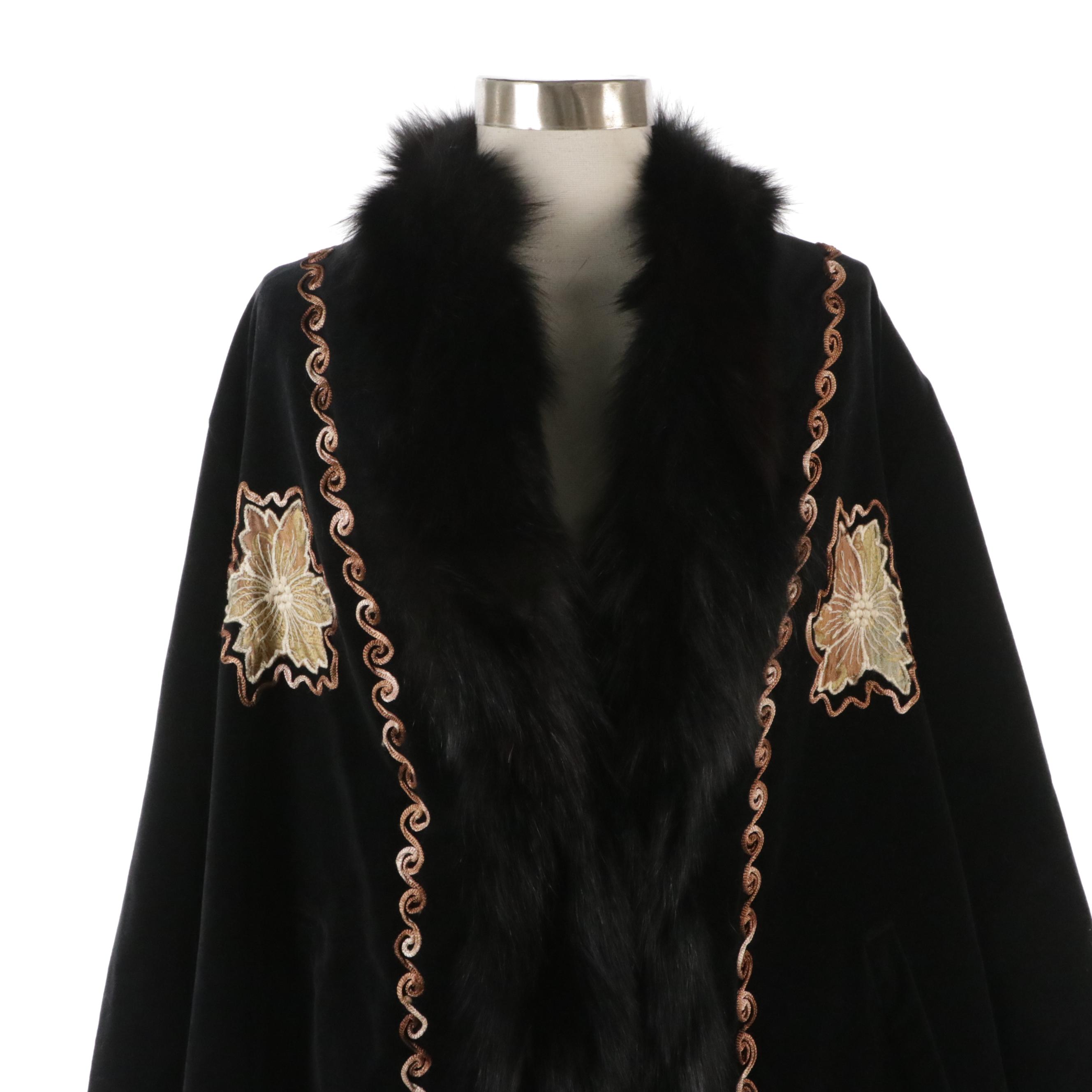 Jauna Pasitea Embroidered Swing Coat with Fox Fur Trim