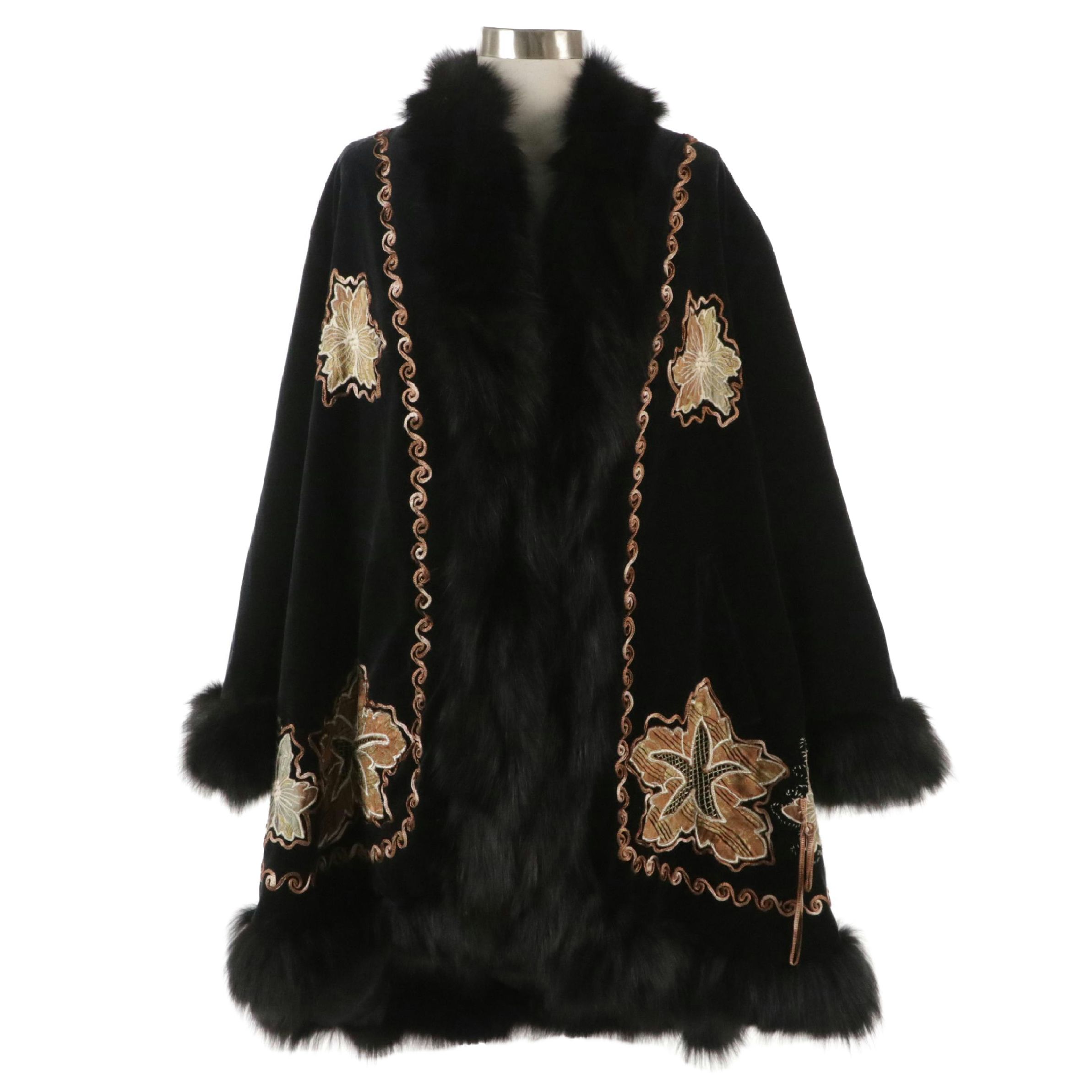 Jauna Pasitea Embroidered Swing Coat with Fox Fur Trim