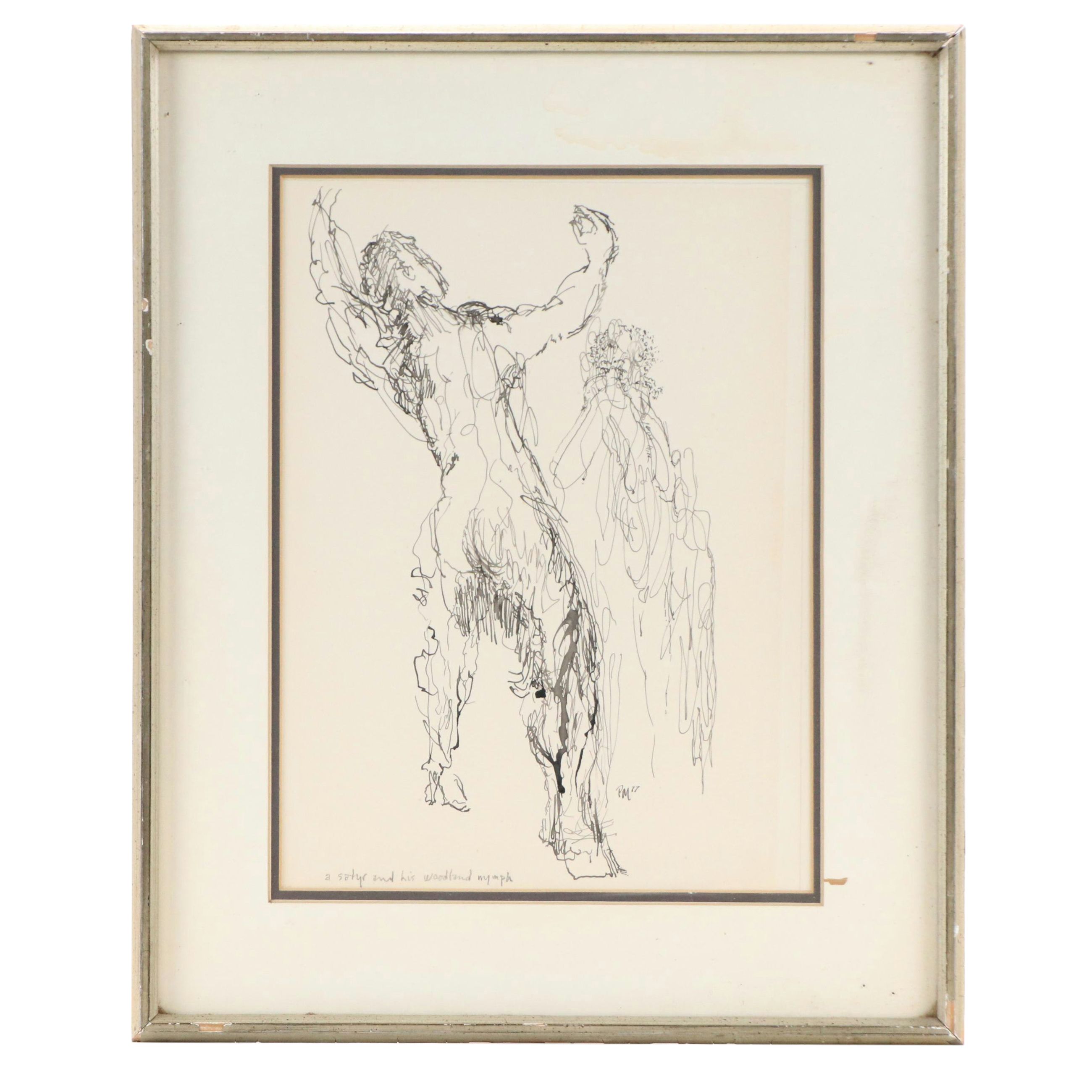 Pen and Ink Drawing "A Satyr and His Woodland Nymph," 1977