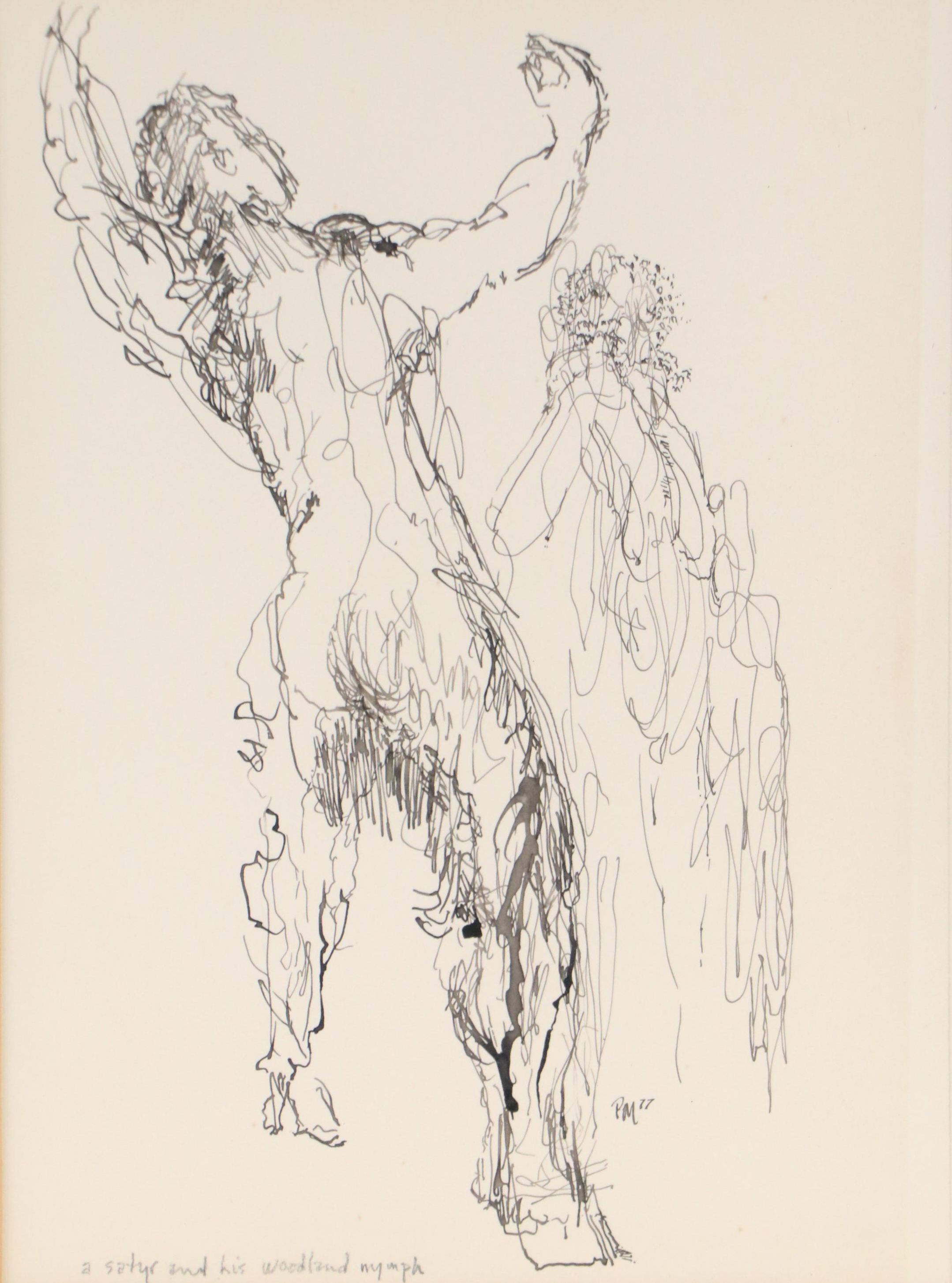 Pen and Ink Drawing "A Satyr and His Woodland Nymph," 1977