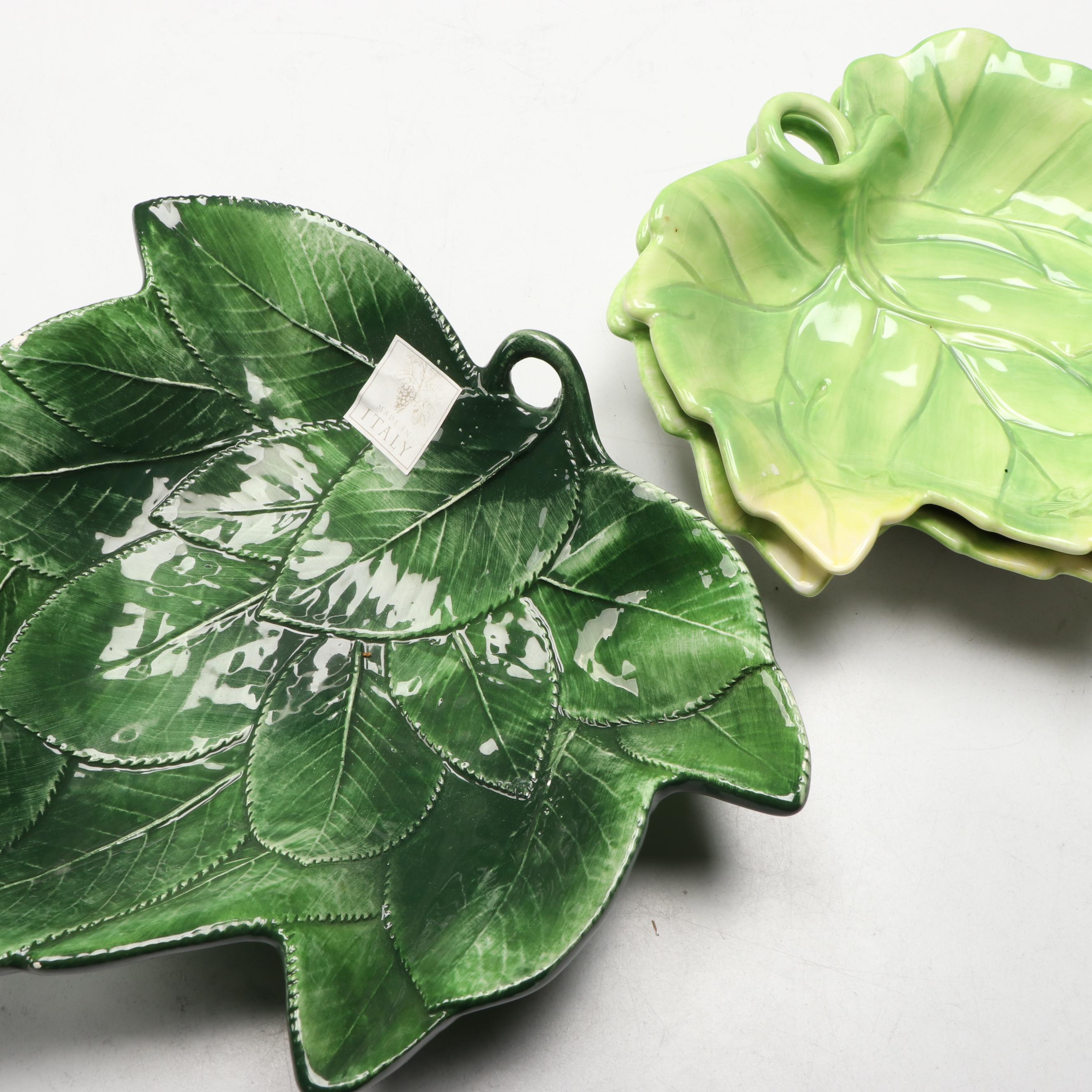 Italian Ceramic Lettuce Pitcher and Vase with Fitz & Floyd and Other Leaf Dishes