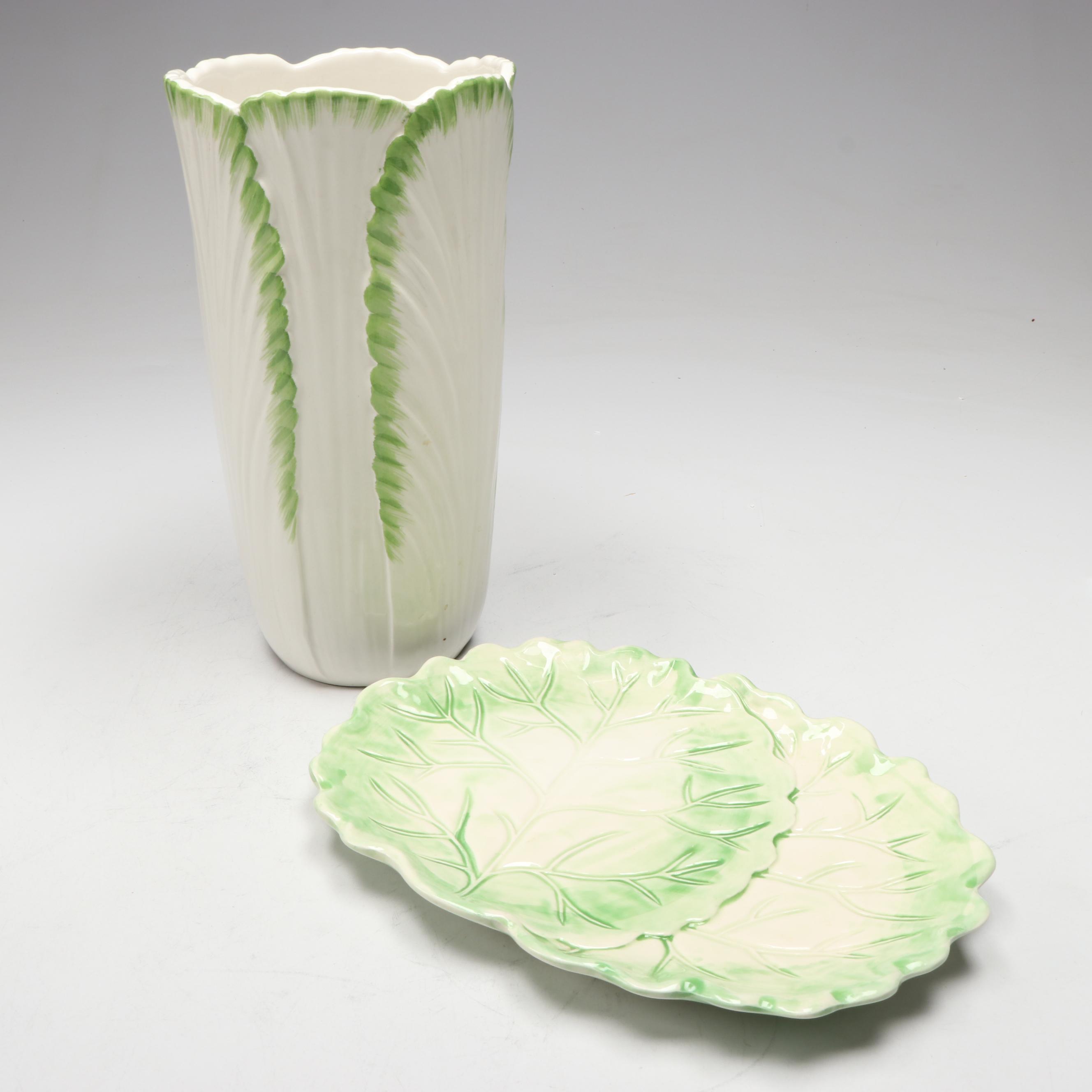 Italian Ceramic Lettuce Pitcher and Vase with Fitz & Floyd and Other Leaf Dishes