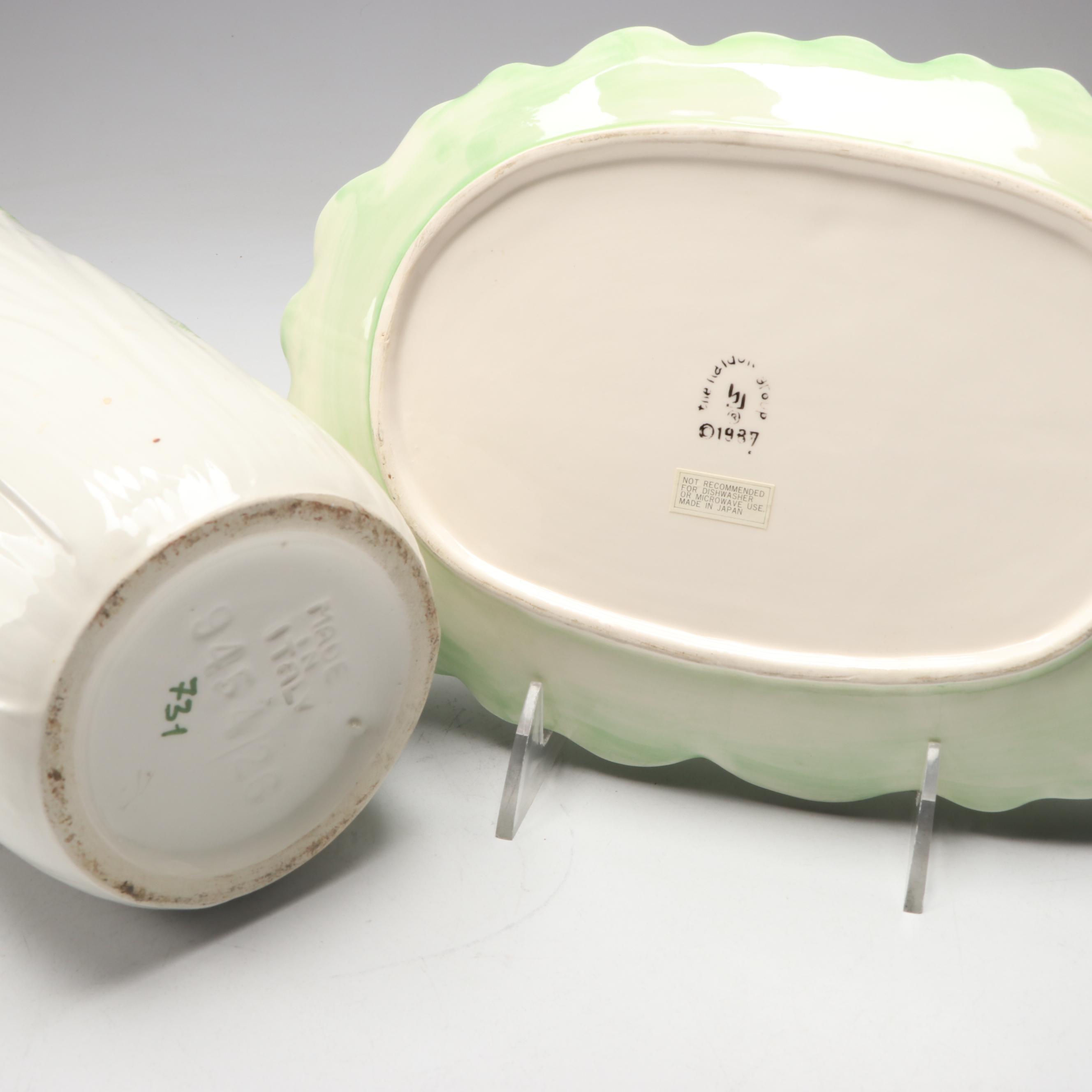 Italian Ceramic Lettuce Pitcher and Vase with Fitz & Floyd and Other Leaf Dishes