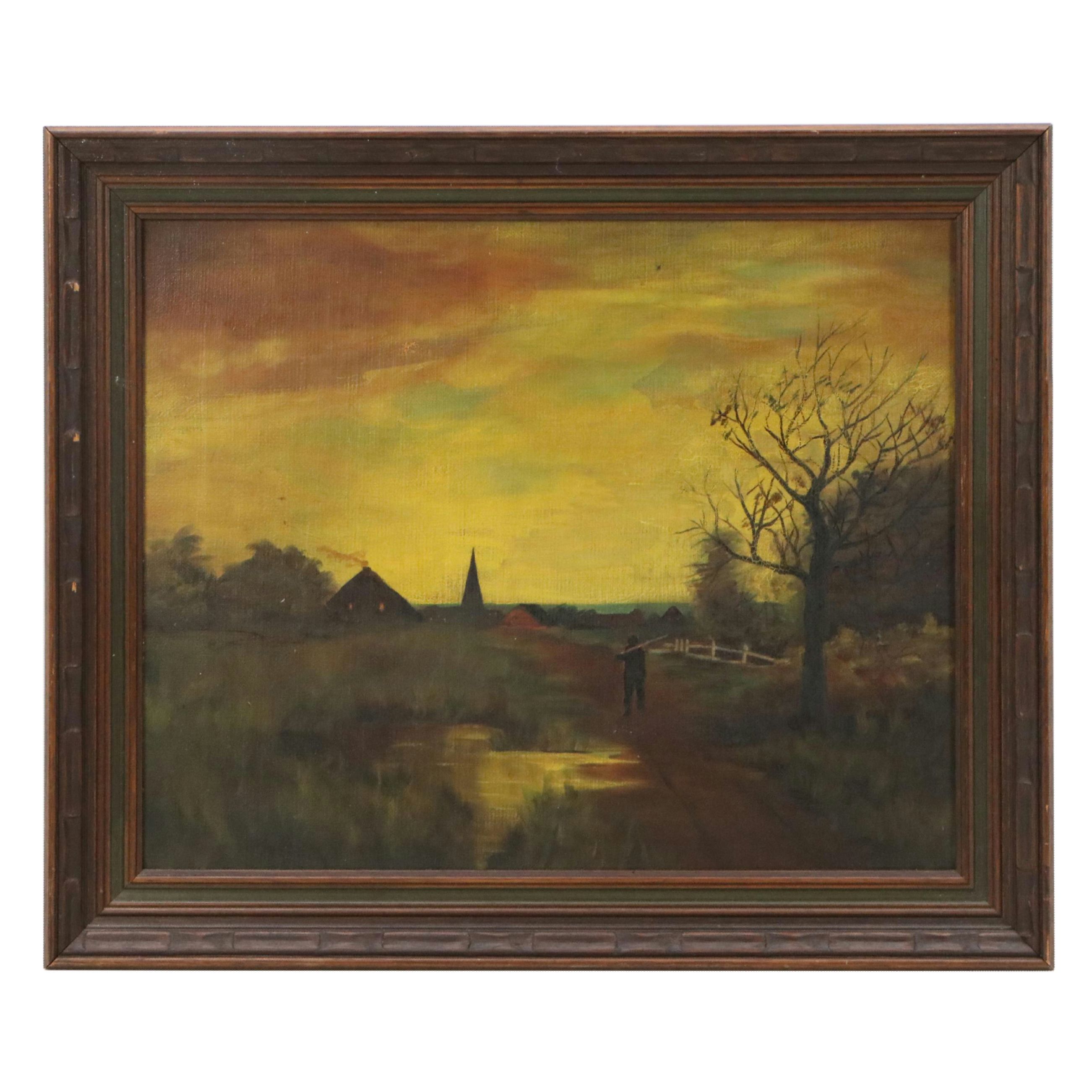 Dusk Landscape Oil Painting of Fisherman at Pond, Late 19th to Early 20th C.