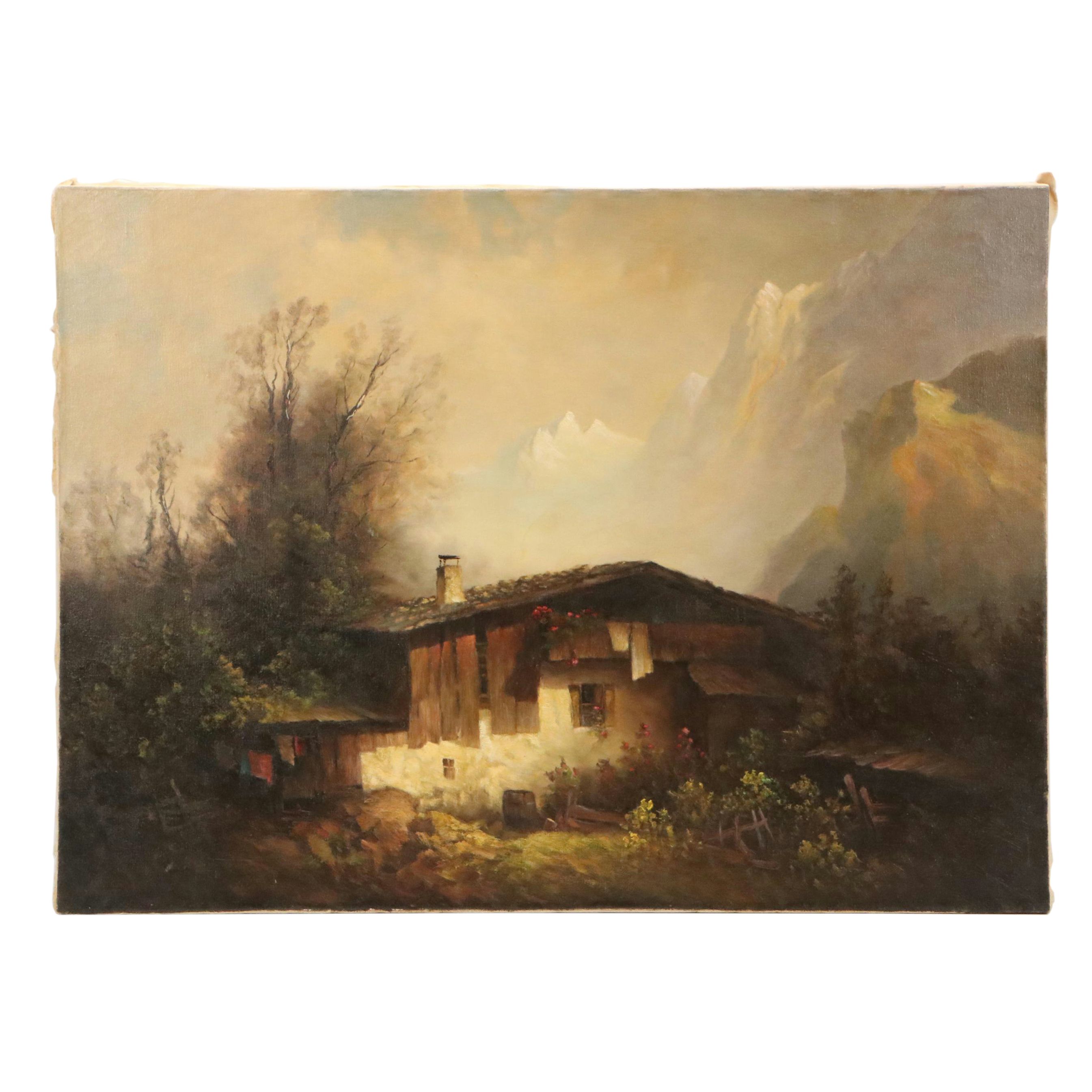 W. Gumann Landscape Oil Painting of Cottage in Wild