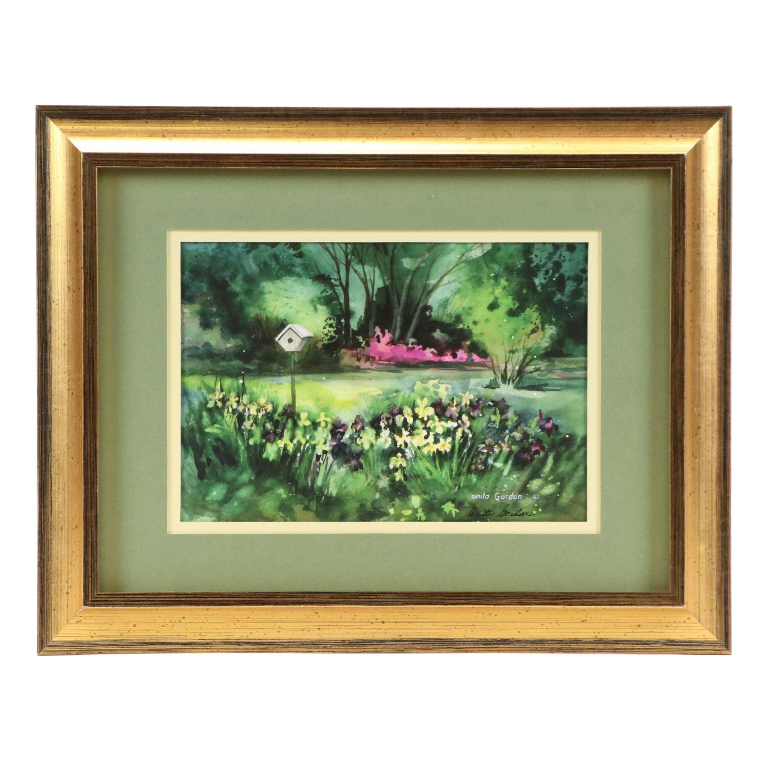 Anita Gordon Offset Lithograph of Birdhouse with Irises, Late 20th Century