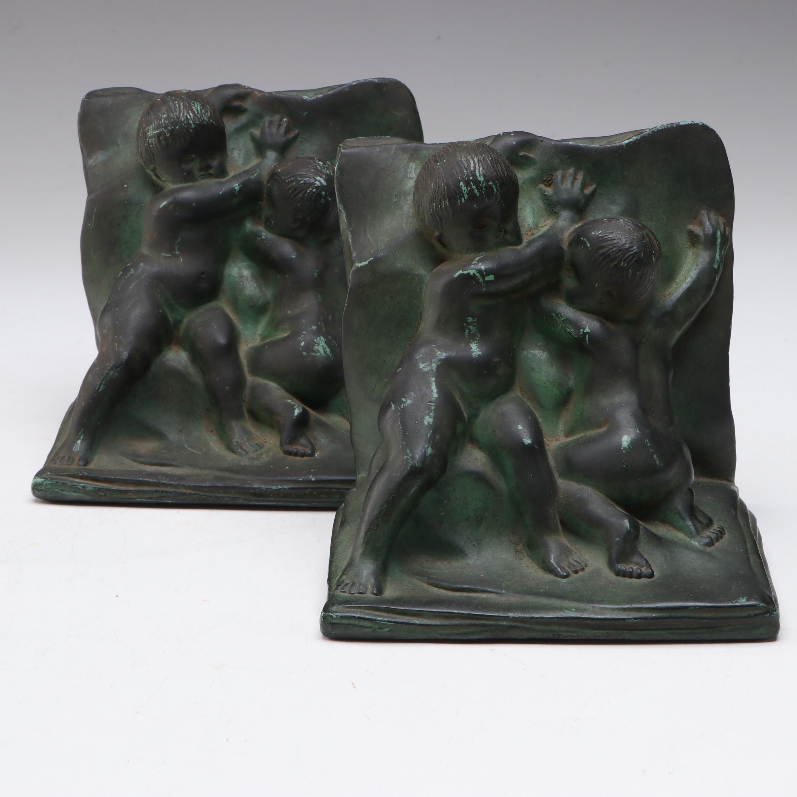 Art Deco Style Cast Metal Putti Bookends, 20th Century