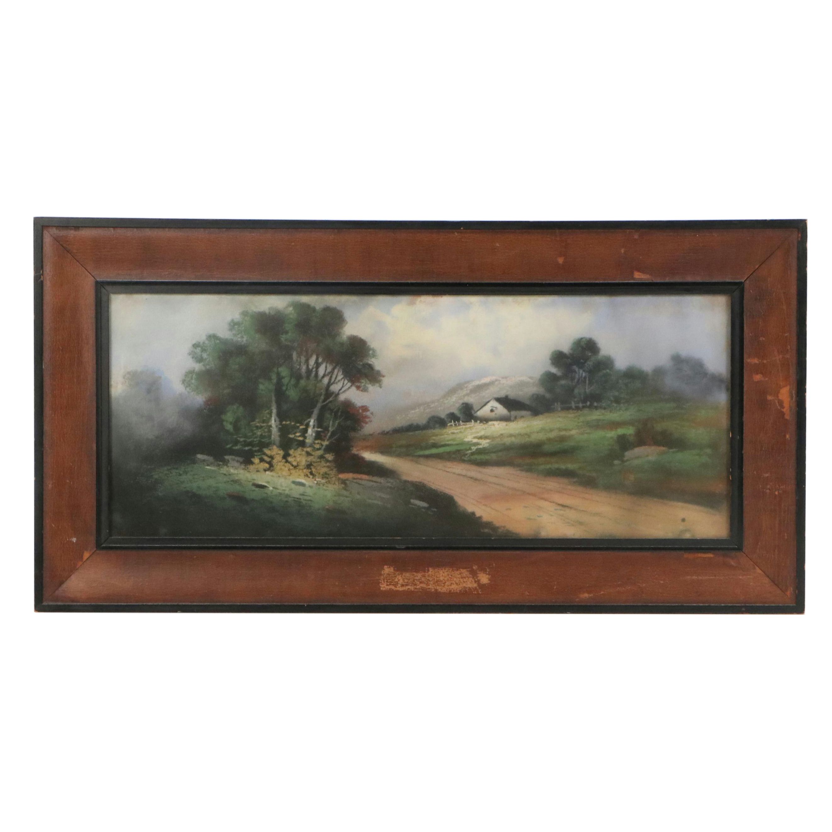 Pastel Landscape Drawing of Rural Road and Copse of Trees