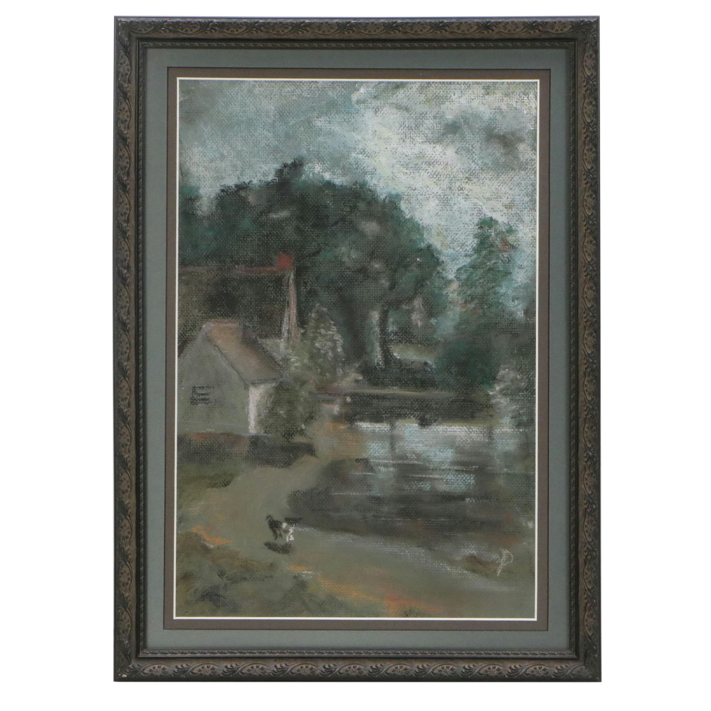 Bucolic Landscape Pastel Drawing with Dog