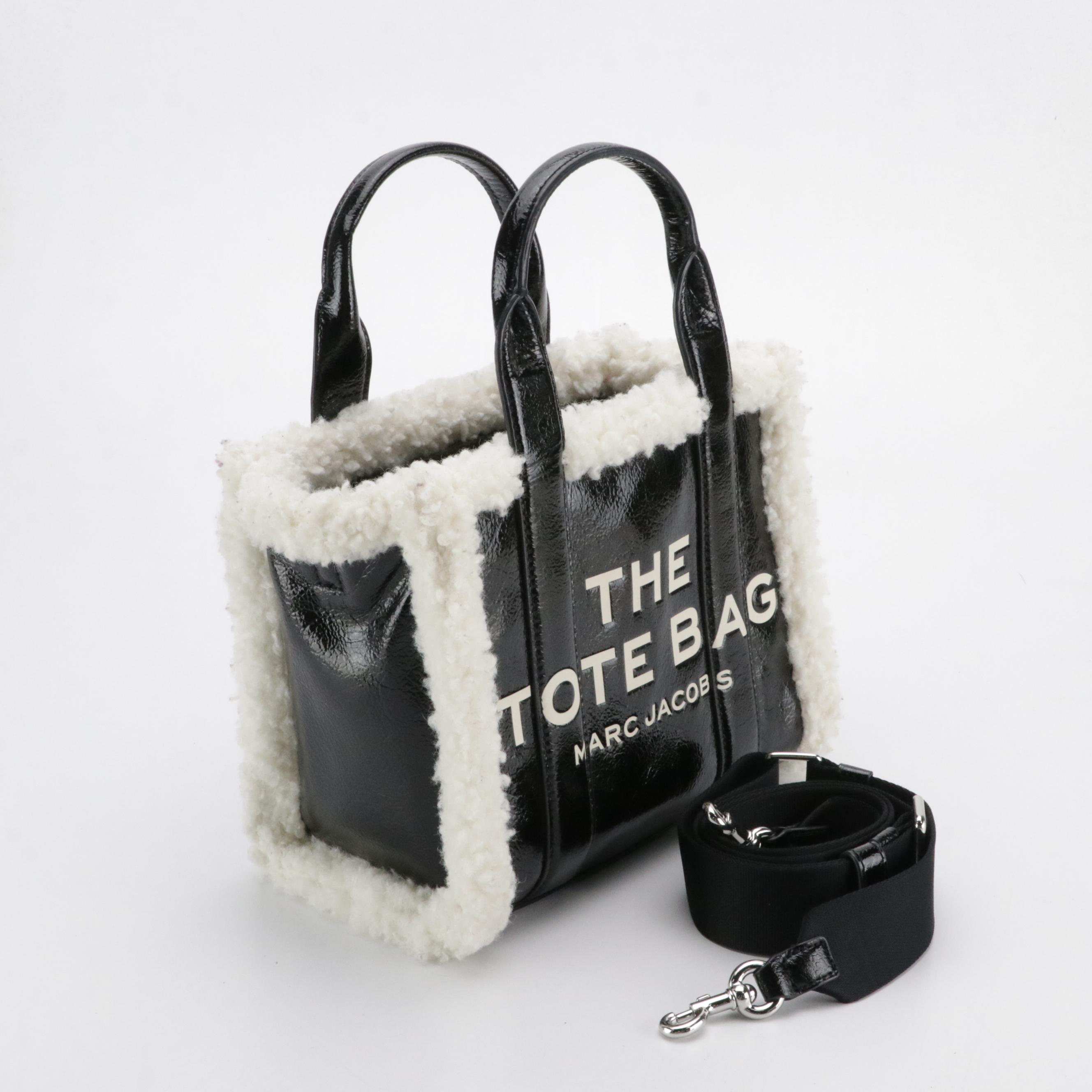 Marc Jacobs The Tote Bag in Black Crinkled Patent Leather and Faux Shearling