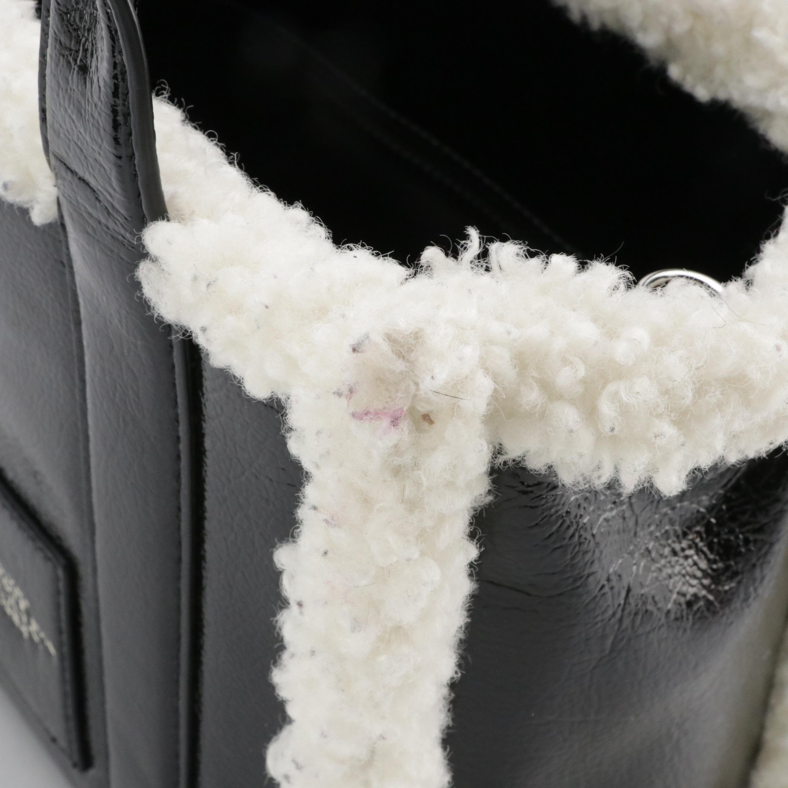 Marc Jacobs The Tote Bag in Black Crinkled Patent Leather and Faux Shearling