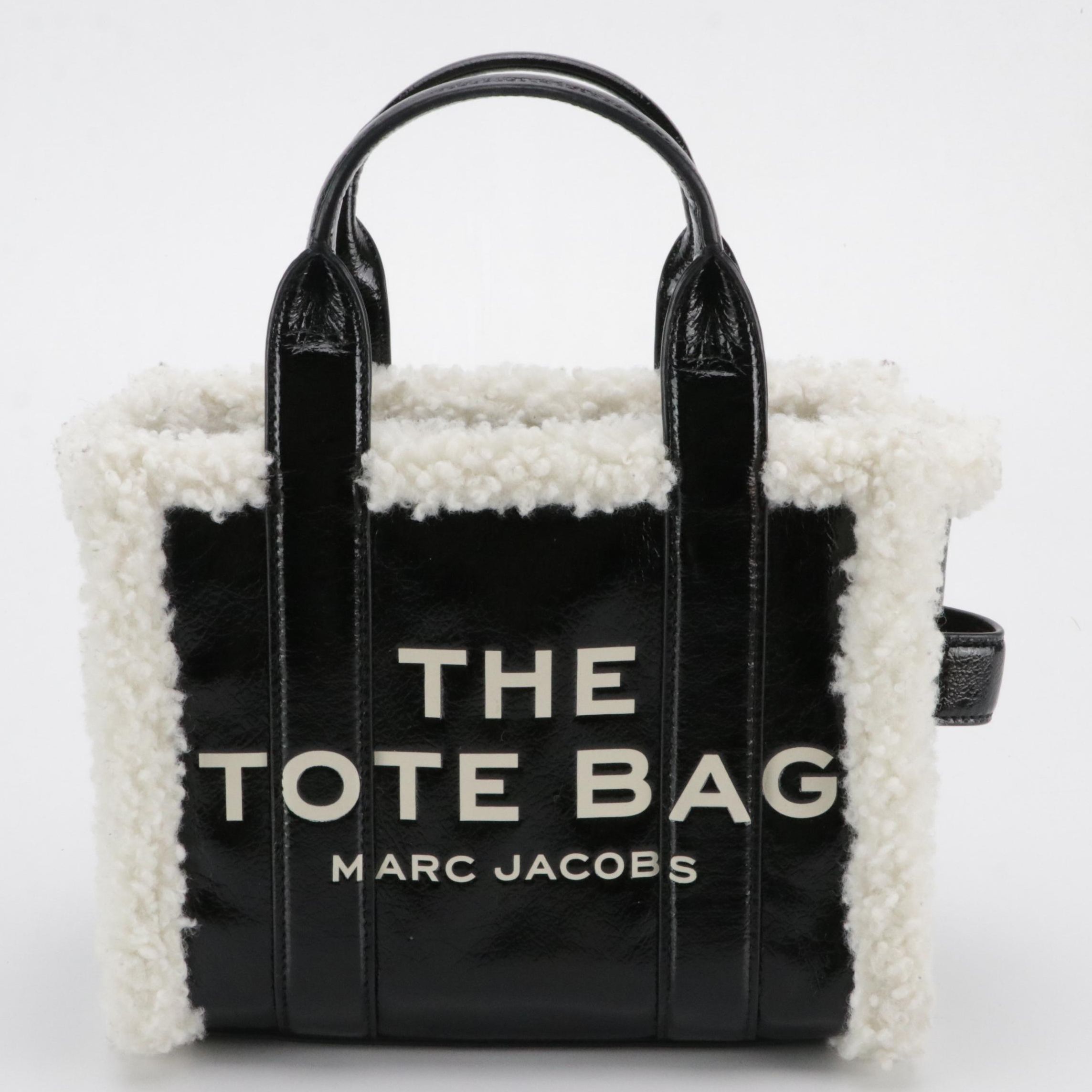Marc Jacobs The Tote Bag in Black Crinkled Patent Leather and Faux Shearling