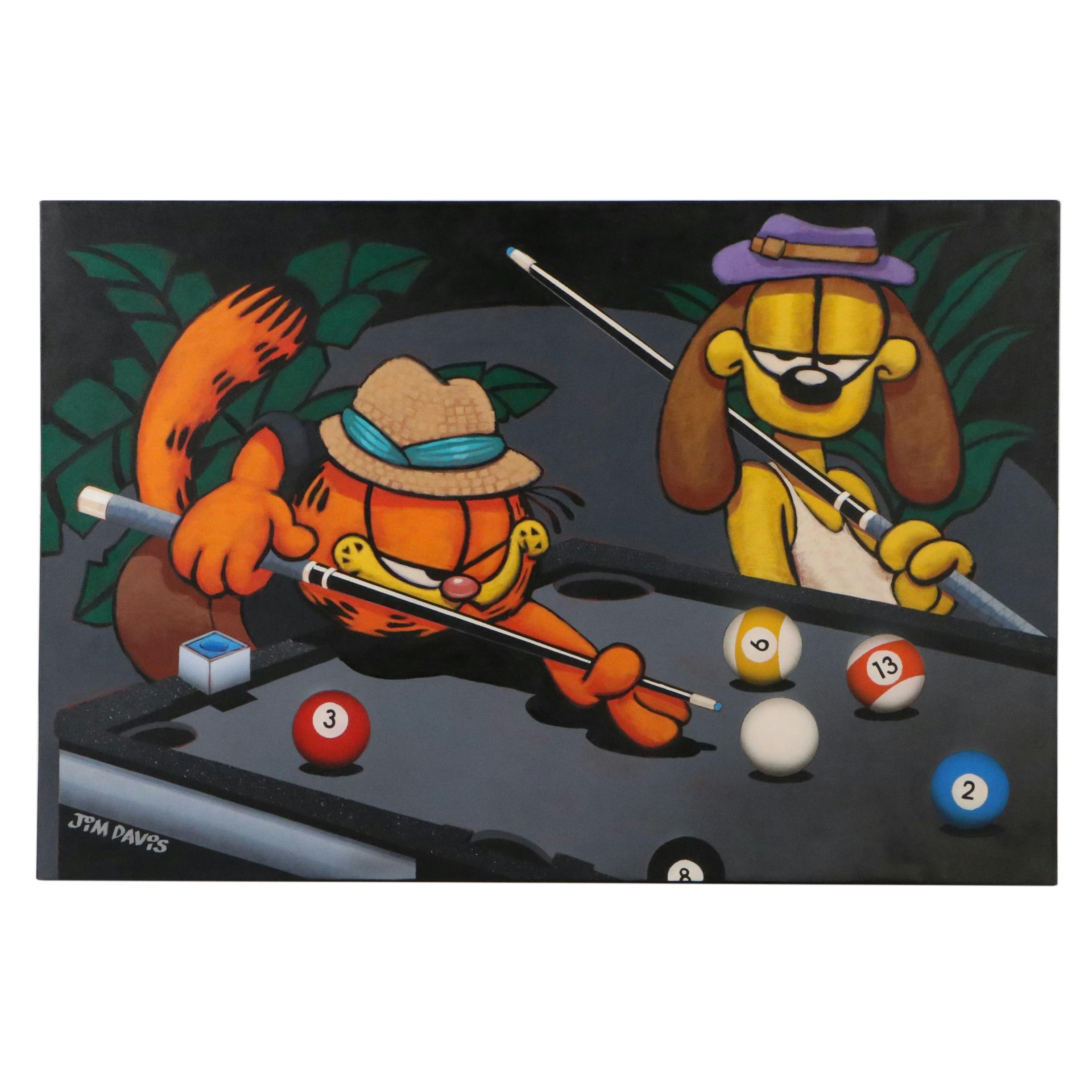 Jim Davis Oil Painting of Garfield and Odie Playing Pool, 2003