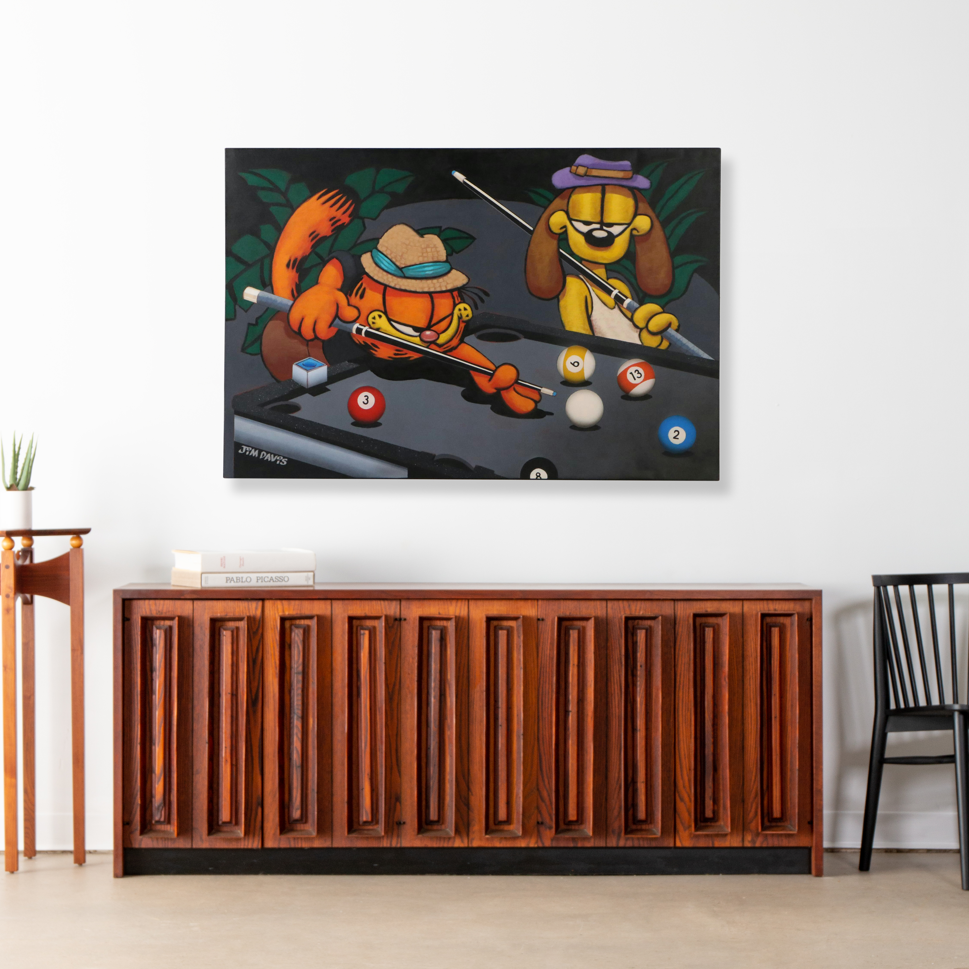 Jim Davis Oil Painting of Garfield and Odie Playing Pool, 2003