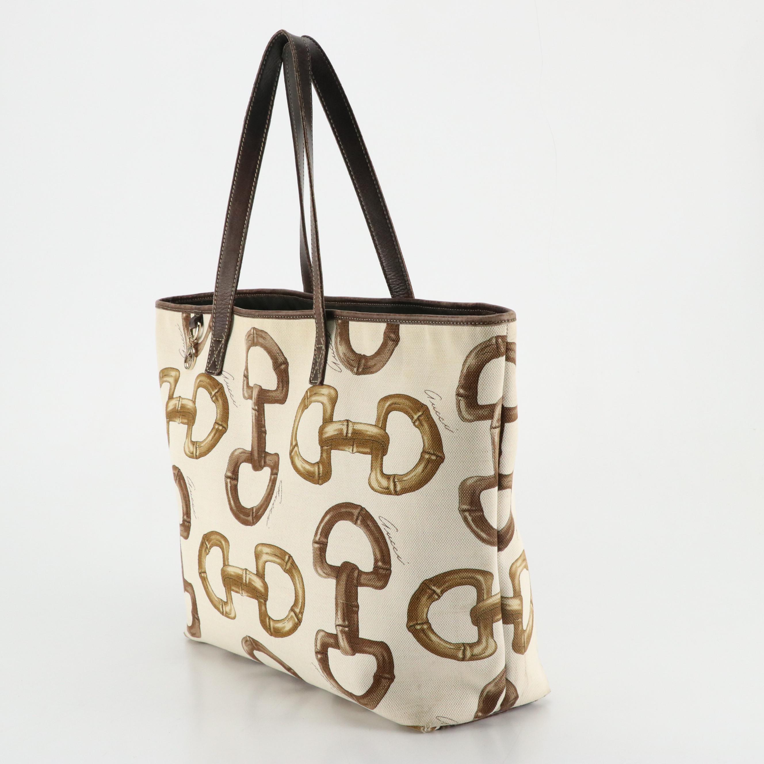 Gucci Bamboo Horsebit Printed Canvas Tote Bag with Brown Calfskin Leather Trim