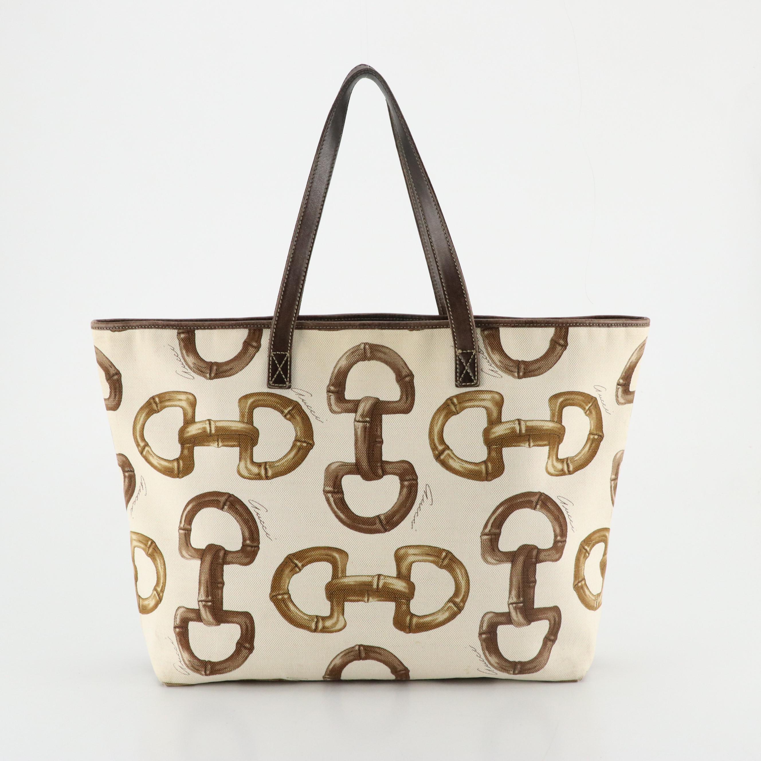 Gucci Bamboo Horsebit Printed Canvas Tote Bag with Brown Calfskin Leather Trim