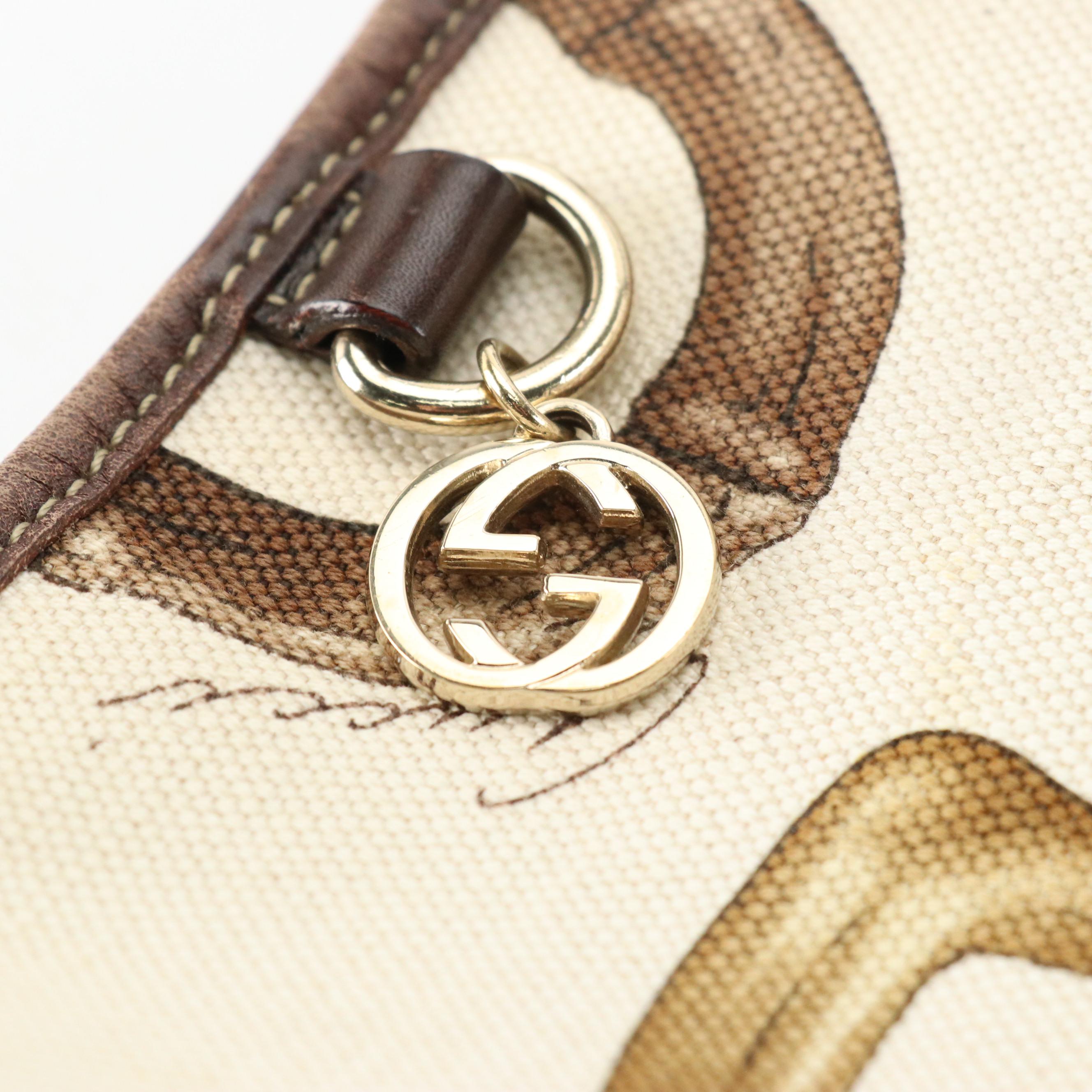 Gucci Bamboo Horsebit Printed Canvas Tote Bag with Brown Calfskin Leather Trim