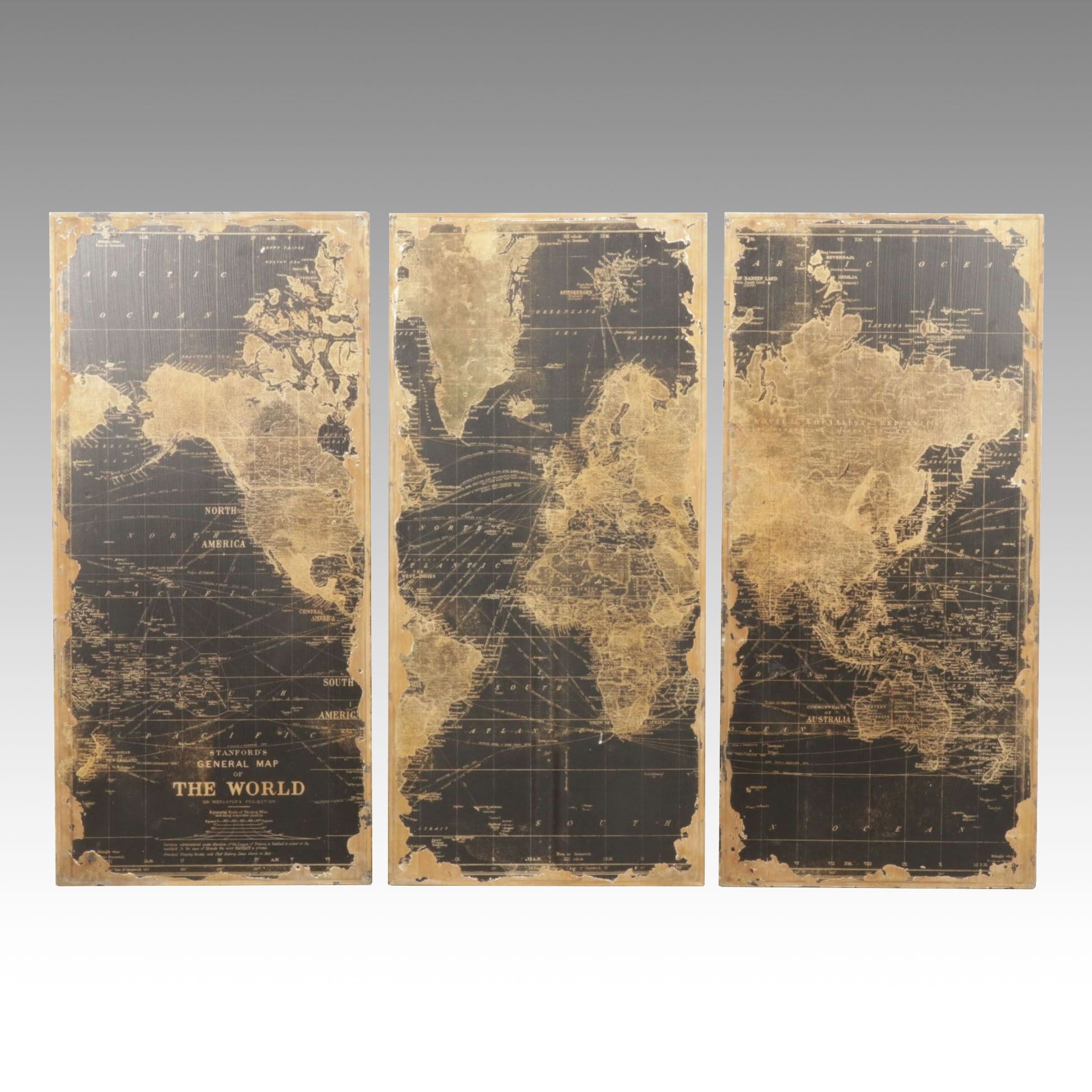 Three-Part World Map Decorative Wall Hanging on Wood Backing