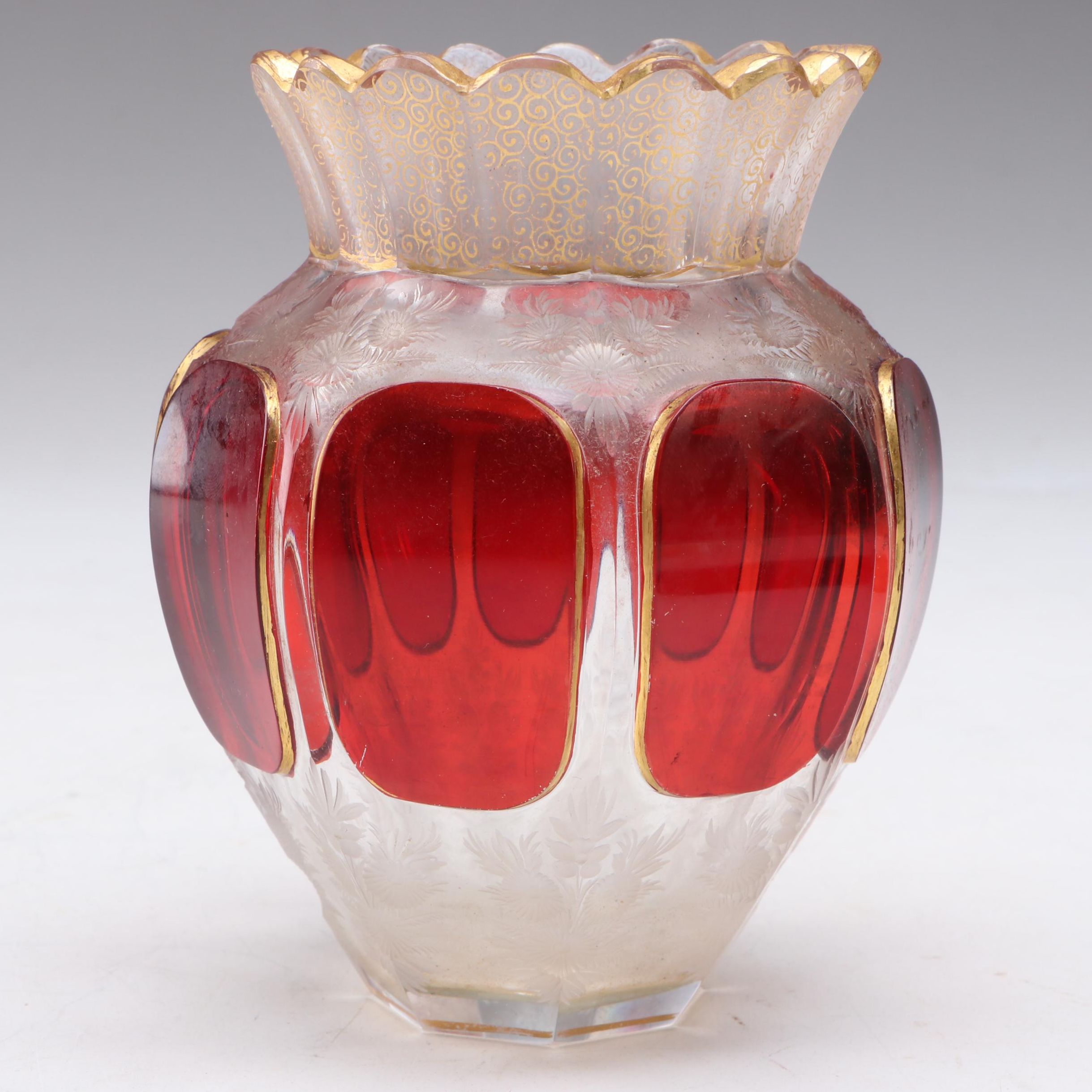 Moser Style Gilt Accented Ruby Cabochon Etched Glass Vase