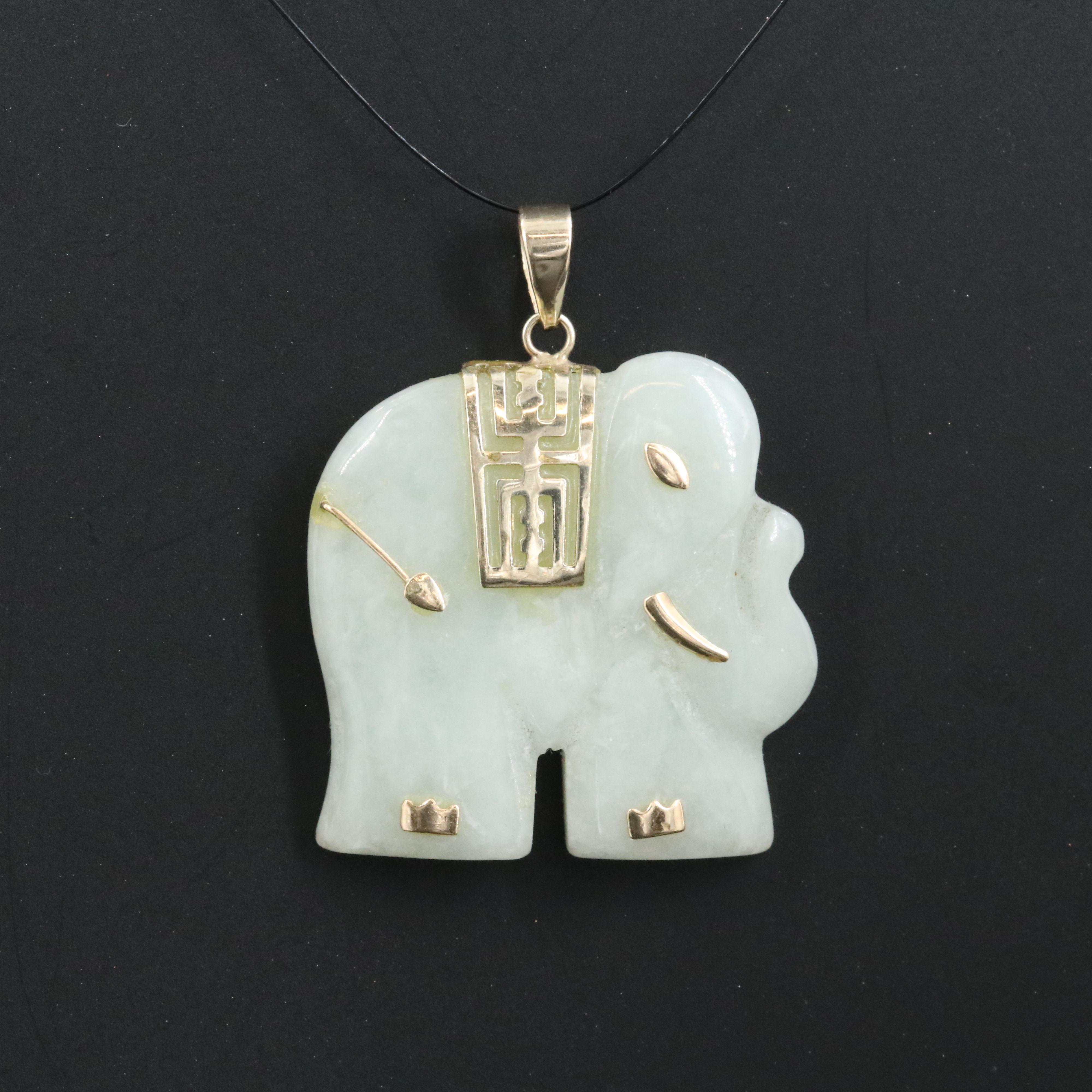 10K Jadeite Carved Elephant Pendant