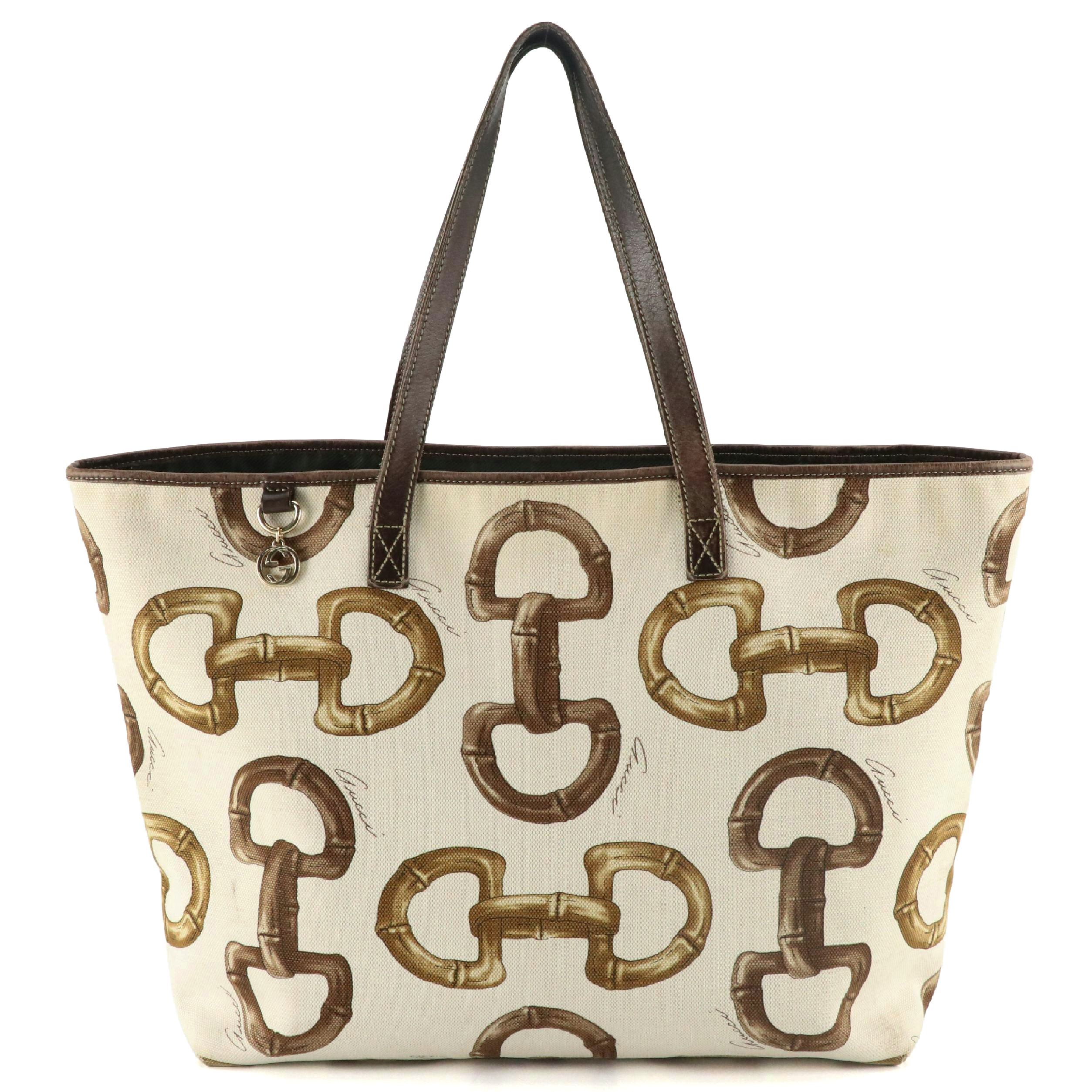 Gucci Bamboo Horsebit Printed Canvas Tote Bag with Brown Calfskin Leather Trim