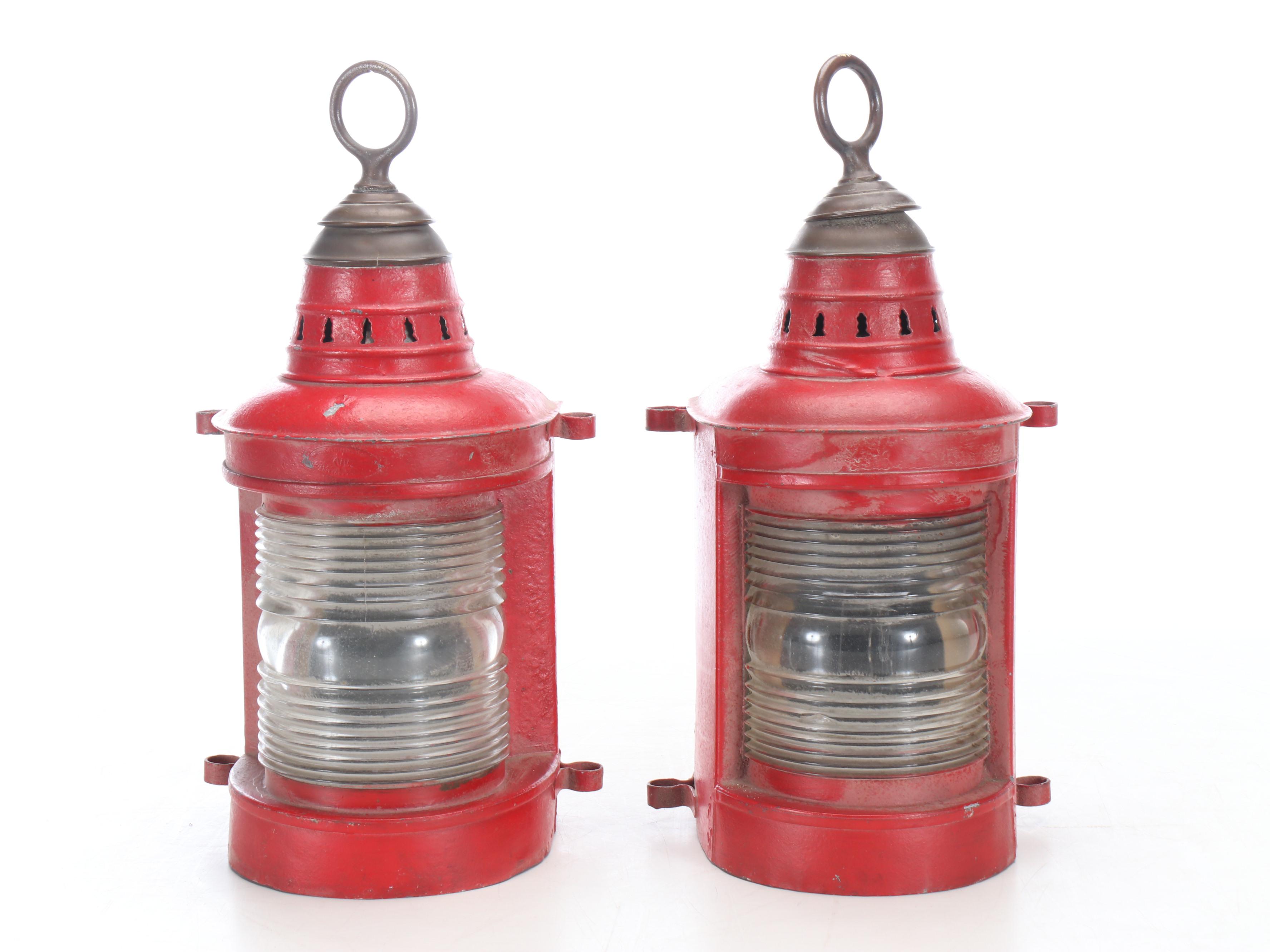 Primitive Style Plant Holder with Red Metal Lanterns