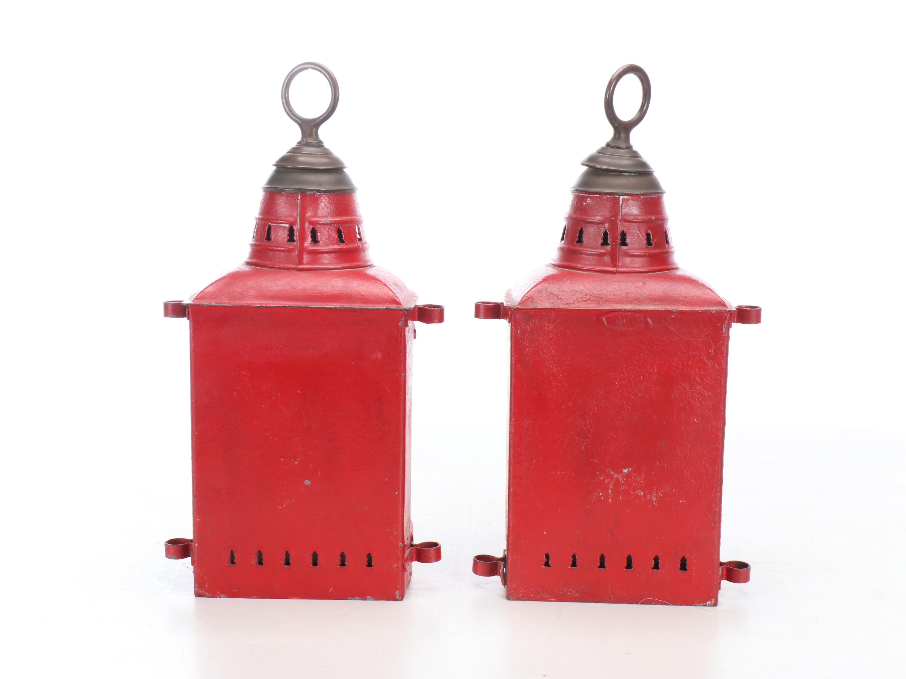 Primitive Style Plant Holder with Red Metal Lanterns