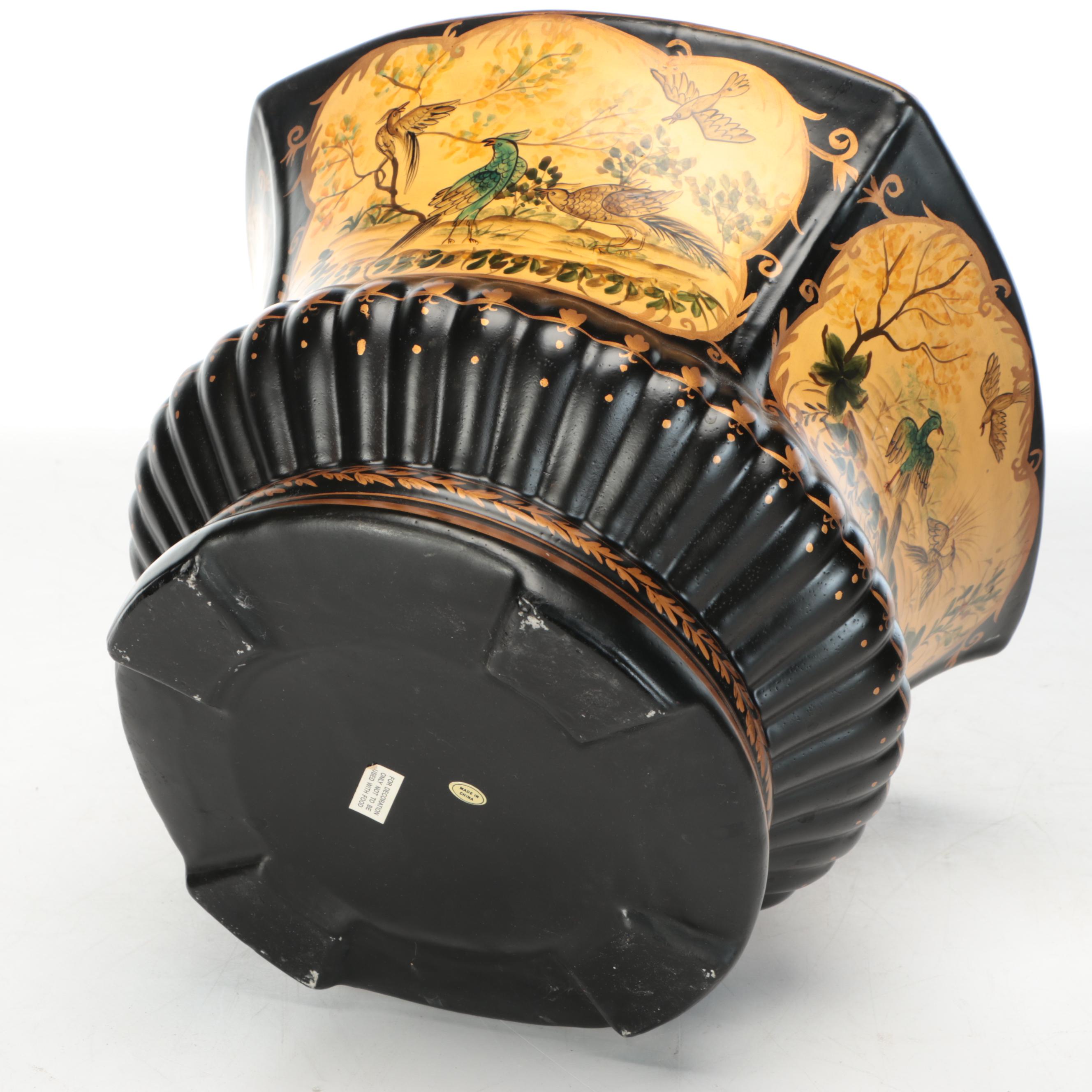 Chinese Glazed Ceramic Planter on Carved Wood Stand