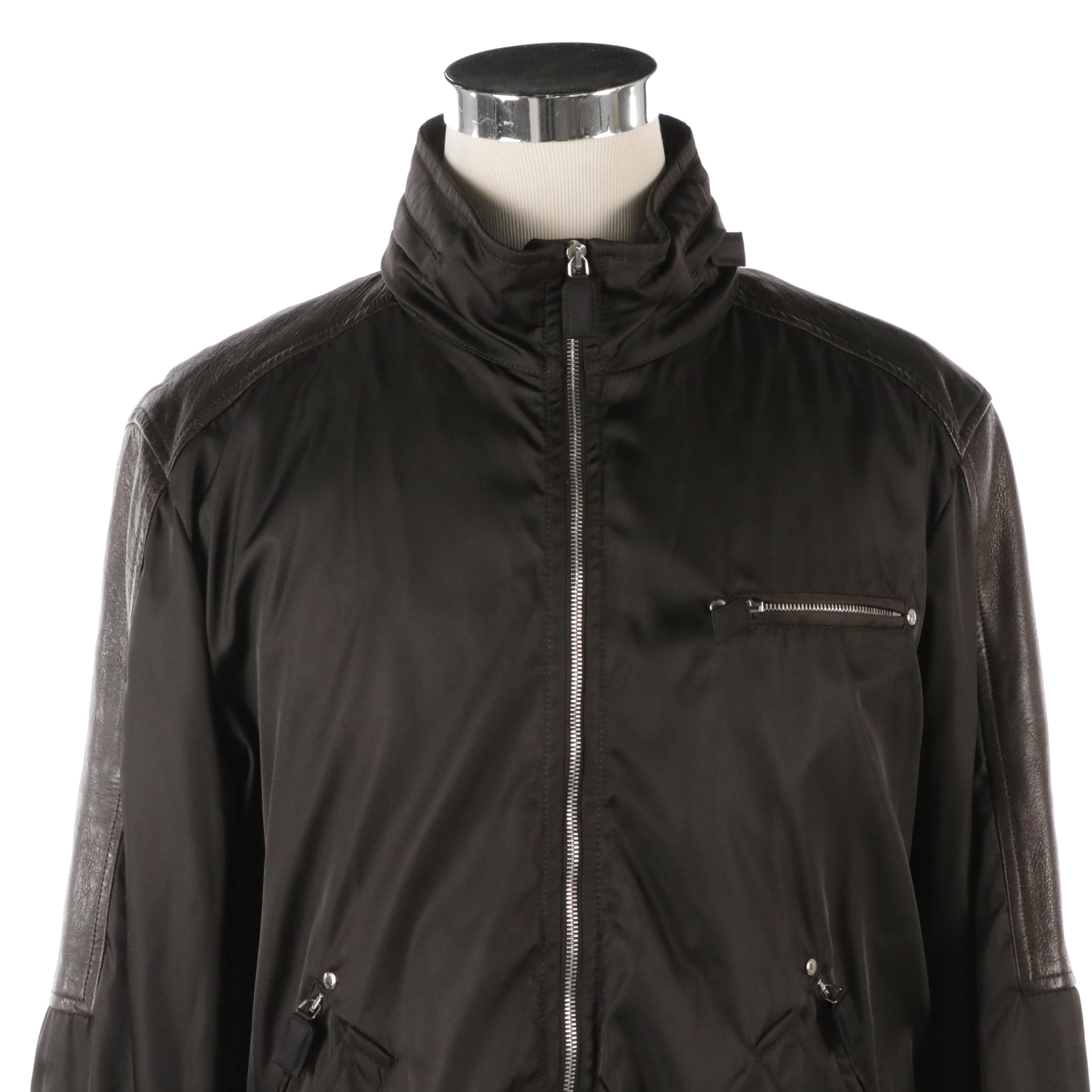 Men's Prada Dark Brown Nylon and Leather Bomber Jacket