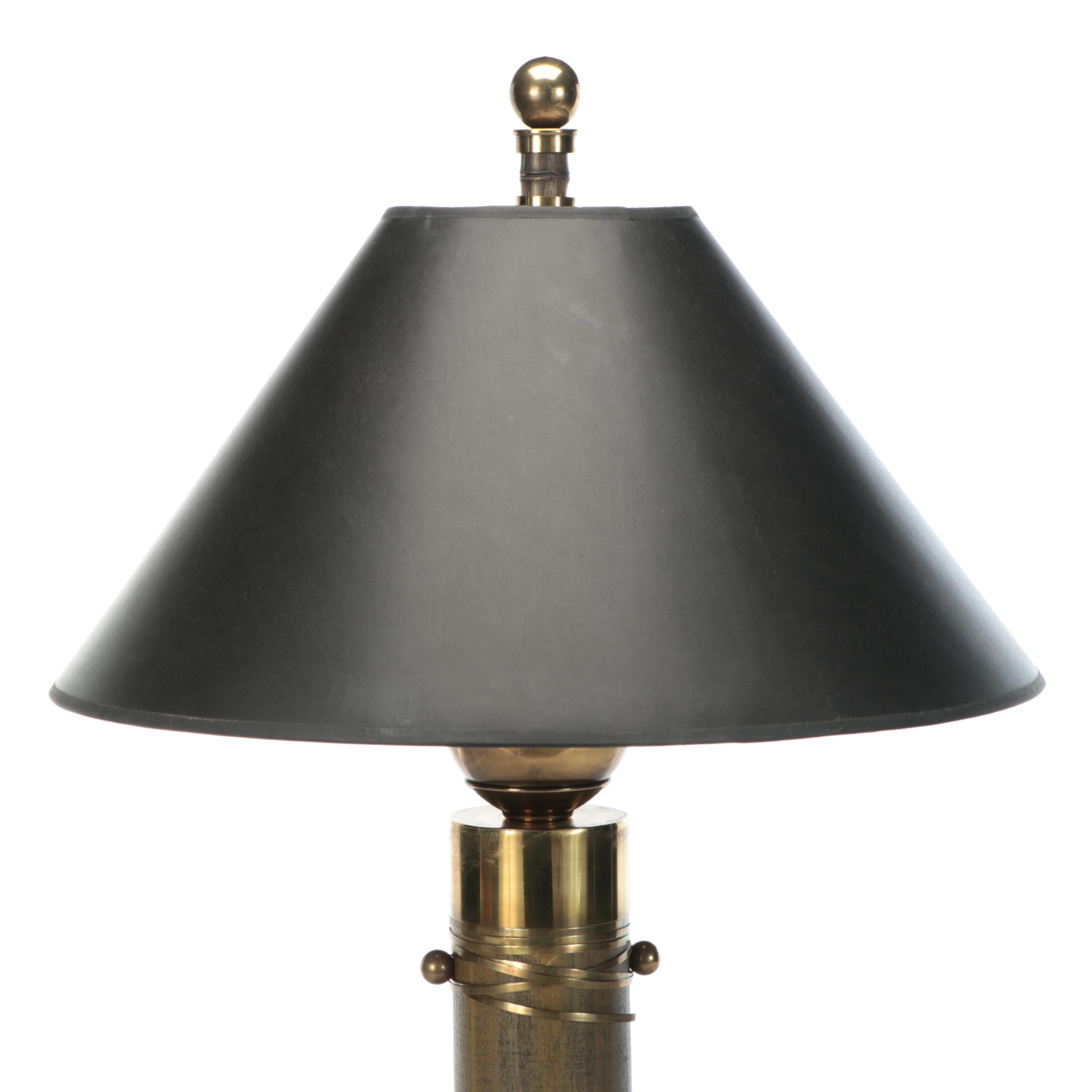 Brass Faux Bamboo Table Lamp with Black Paper Shade, Mid to Late 20th Century