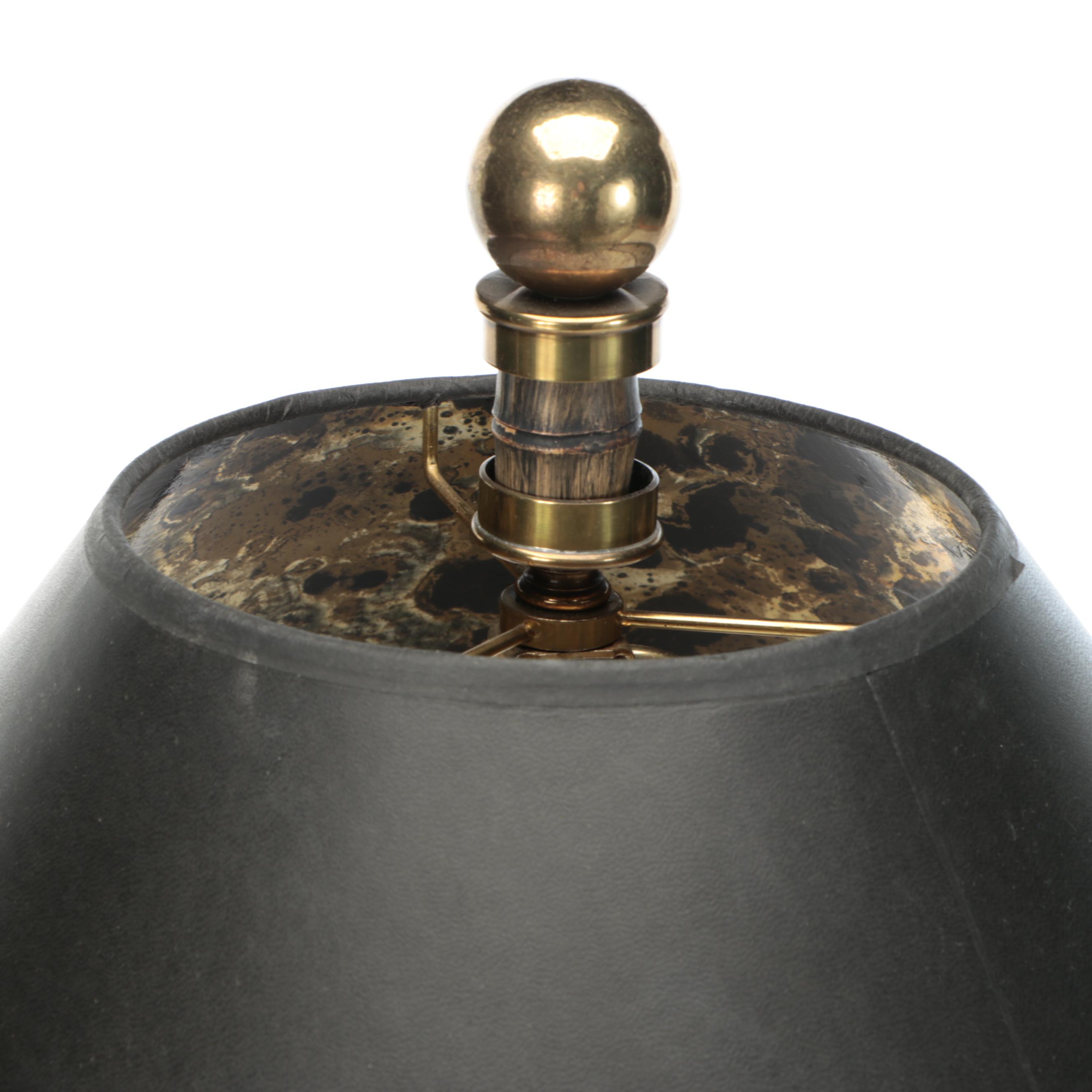 Brass Faux Bamboo Table Lamp with Black Paper Shade, Mid to Late 20th Century