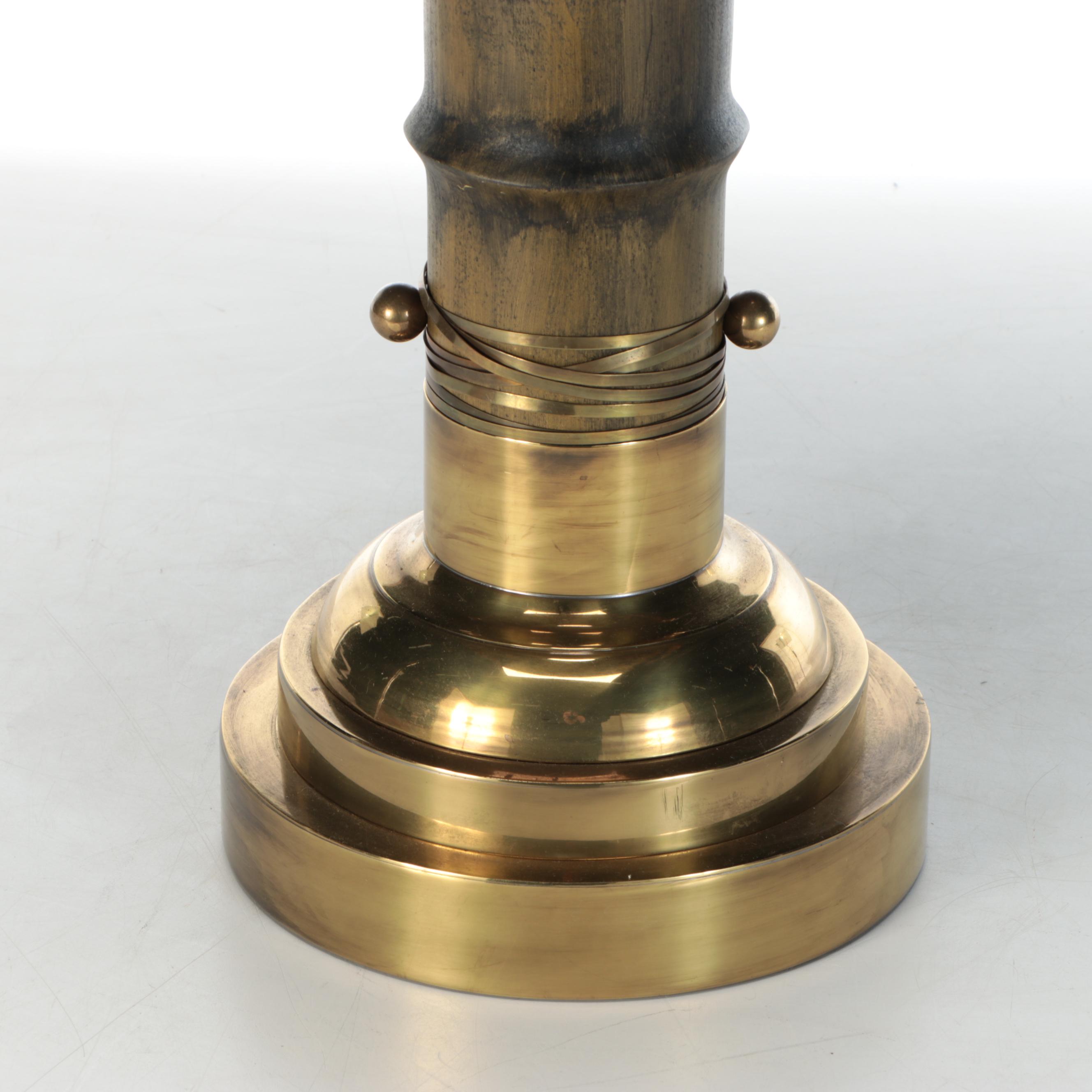 Brass Faux Bamboo Table Lamp with Black Paper Shade, Mid to Late 20th Century