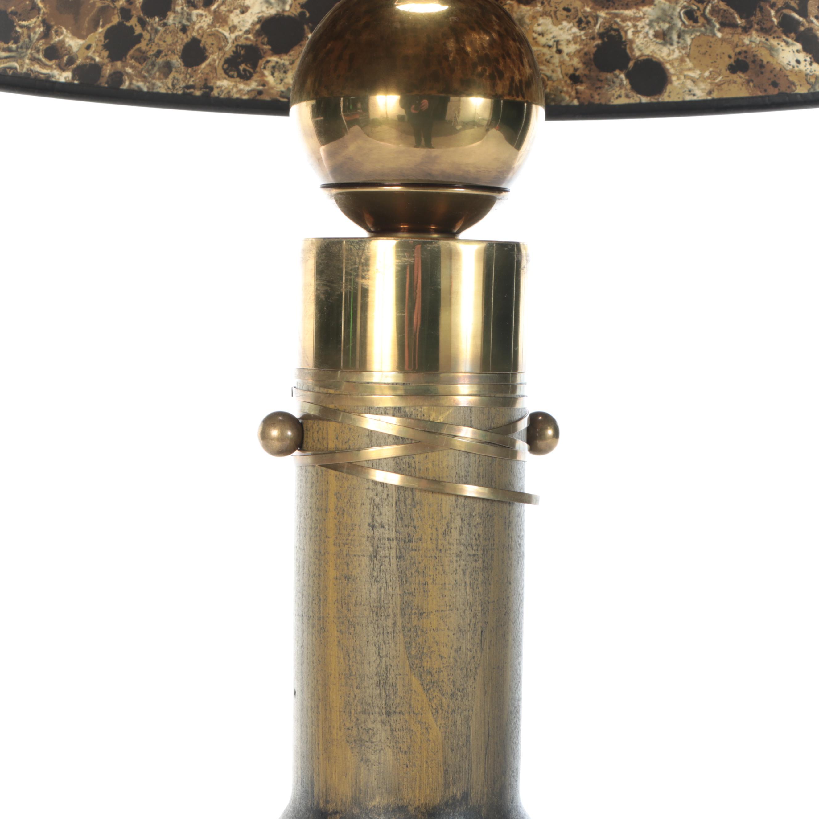 Brass Faux Bamboo Table Lamp with Black Paper Shade, Mid to Late 20th Century